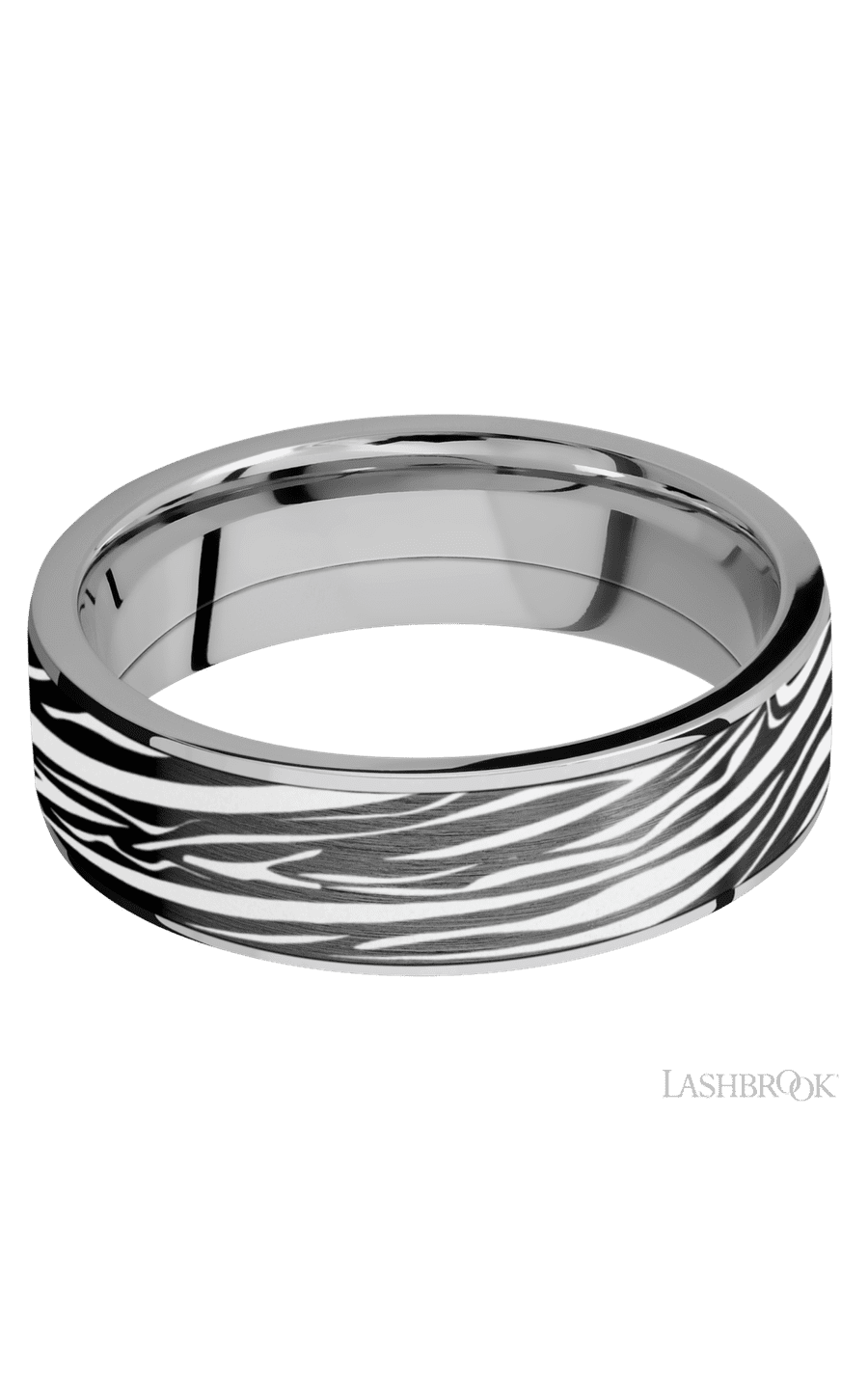 7 mm wide/Flat/Titanium band with one 6 mm Centered inlay of Zirconium with a laser carved Zebra pattern.