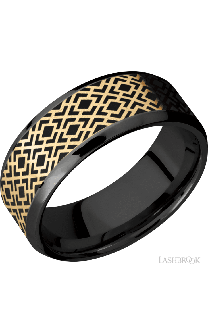 8 mm wide/Beveled/Zirconium band with one 6 mm Centered inlay of 14K Yellow Gold with a laser carved Trellis 2 pattern.