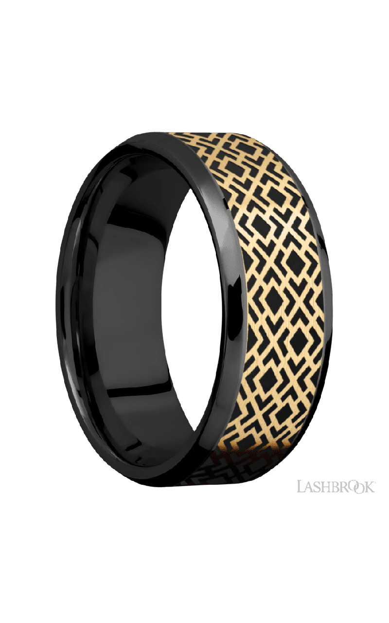 8 mm wide/Beveled/Zirconium band with one 6 mm Centered inlay of 14K Yellow Gold with a laser carved Trellis 2 pattern.