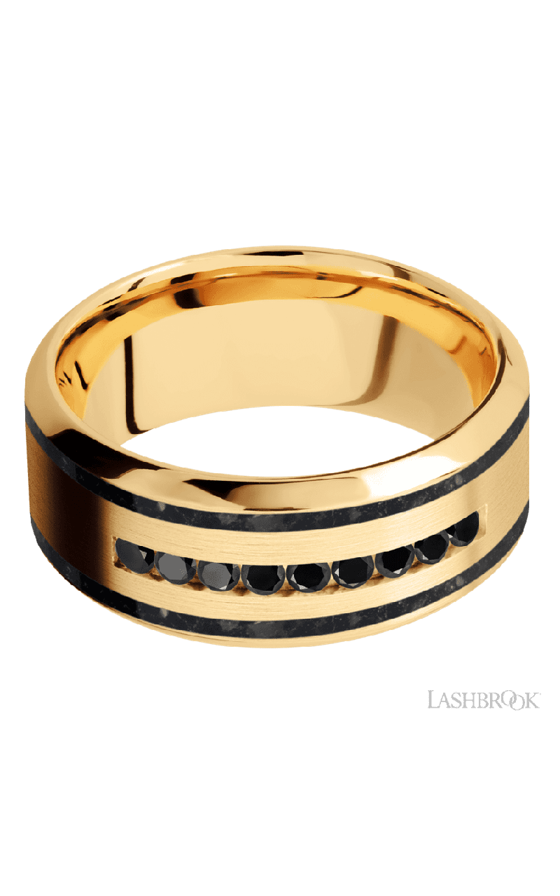 9 mm wide/High Bevel/14K Yellow Gold band with  two 1 mm Wide inlays of Black Onyx and featuring an  arrangement of 9, .03 carat Round Black Diamond stones in a Channel setting