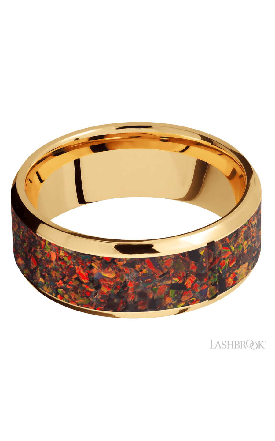 8 mm wide/Beveled/14K Yellow Gold band with one 6 mm Centered inlay of Red Opal.