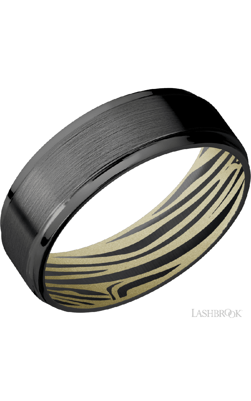 7 mm wide Flat Grooved Edges Zirconium band featuring a Bright Nickel sleeve.