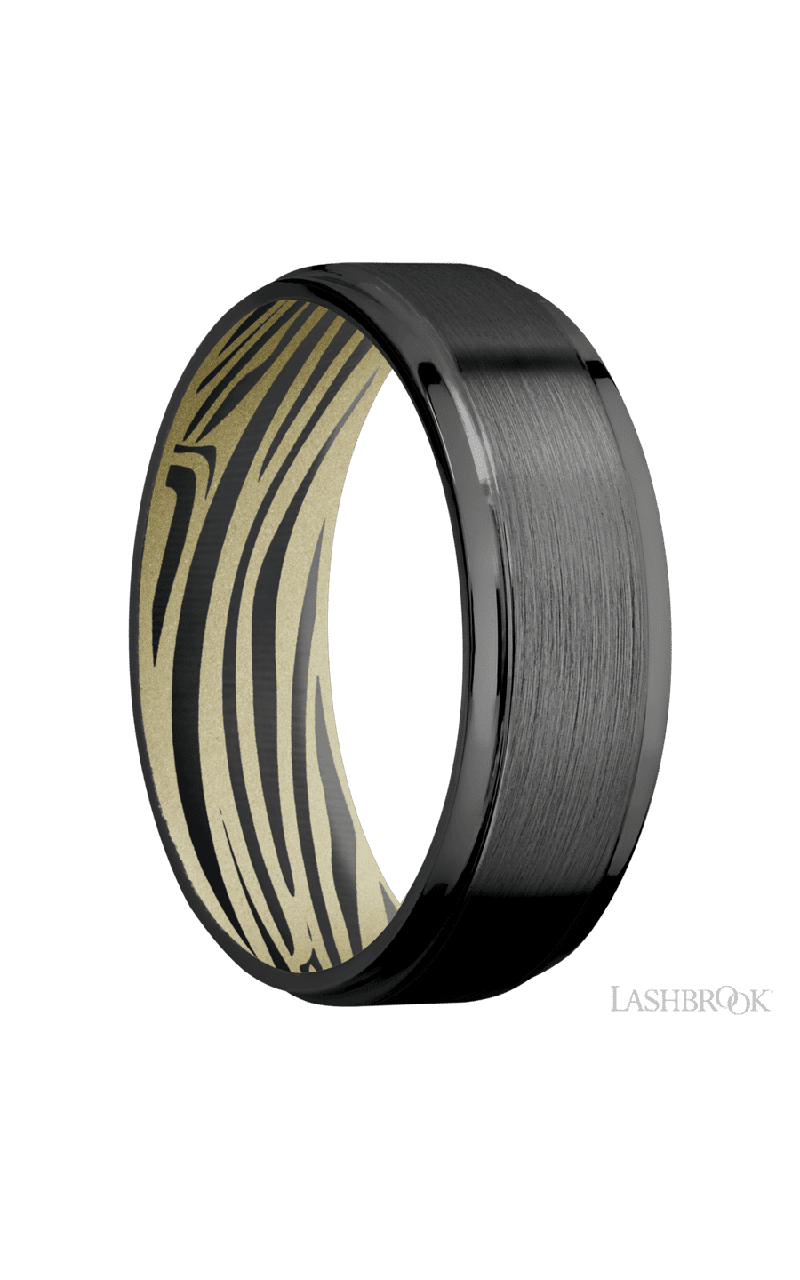 7 mm wide Flat Grooved Edges Zirconium band featuring a Bright Nickel sleeve.