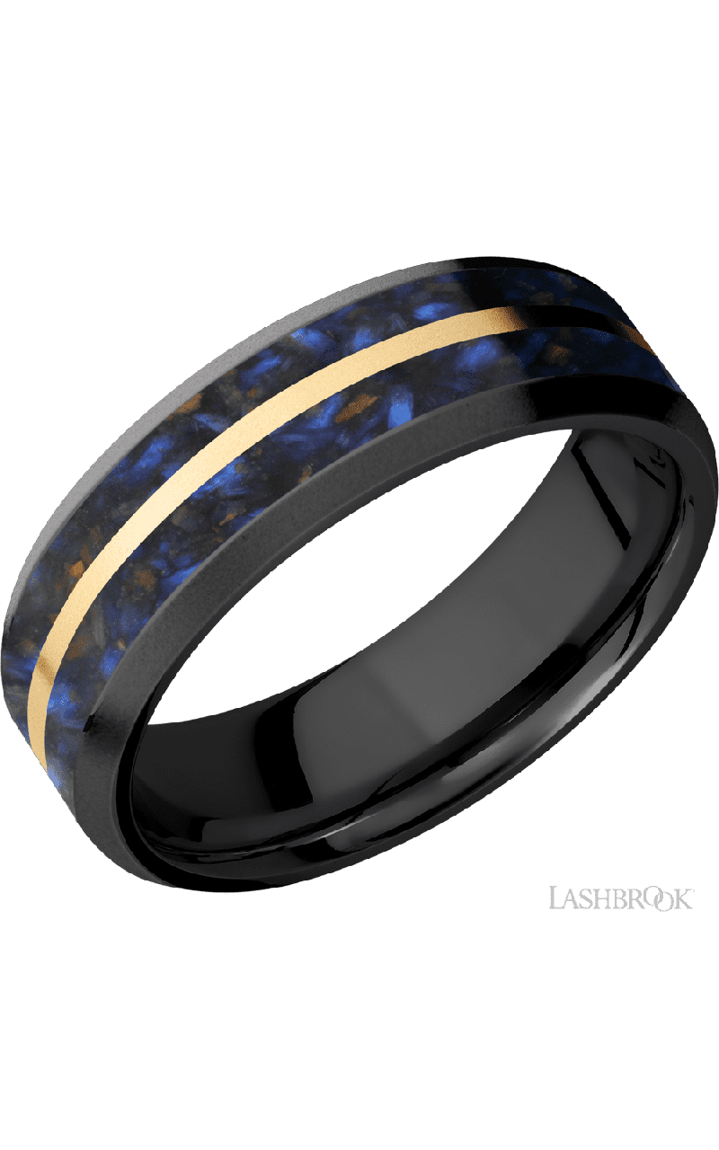 7 mm wide/Beveled/Zirconium band featuring inlays of Blue Tiger Eye and 14K Yellow Gold.