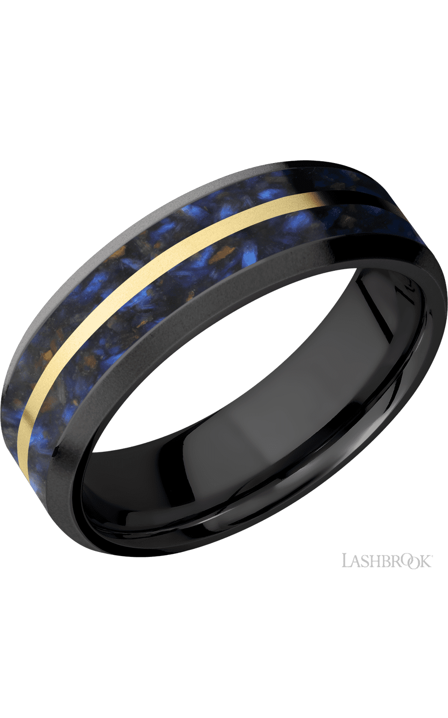 7 mm wide/Beveled/Zirconium band featuring inlays of Blue Tiger Eye and 14K Yellow Gold.