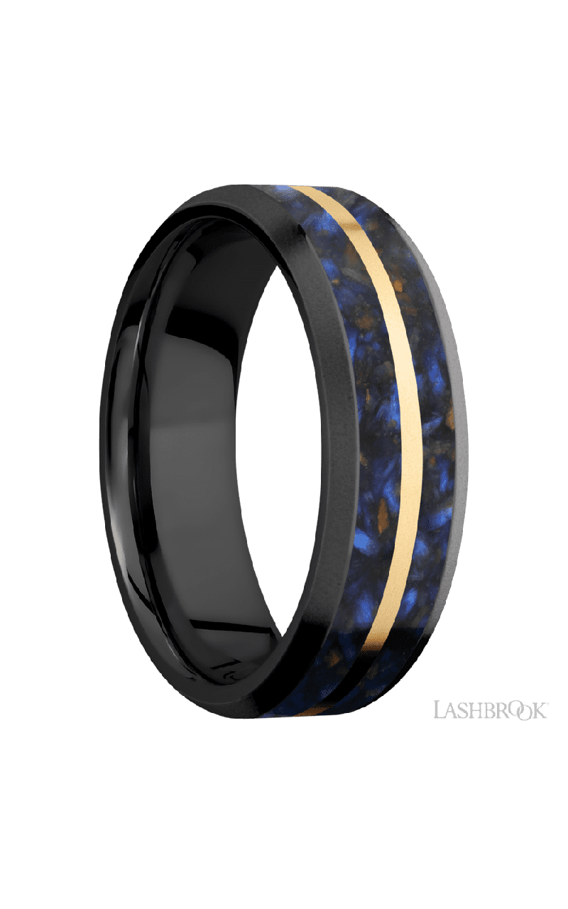 7 mm wide/Beveled/Zirconium band featuring inlays of Blue Tiger Eye and 14K Yellow Gold.