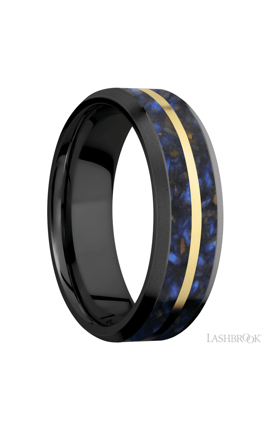 7 mm wide/Beveled/Zirconium band featuring inlays of Blue Tiger Eye and 14K Yellow Gold.