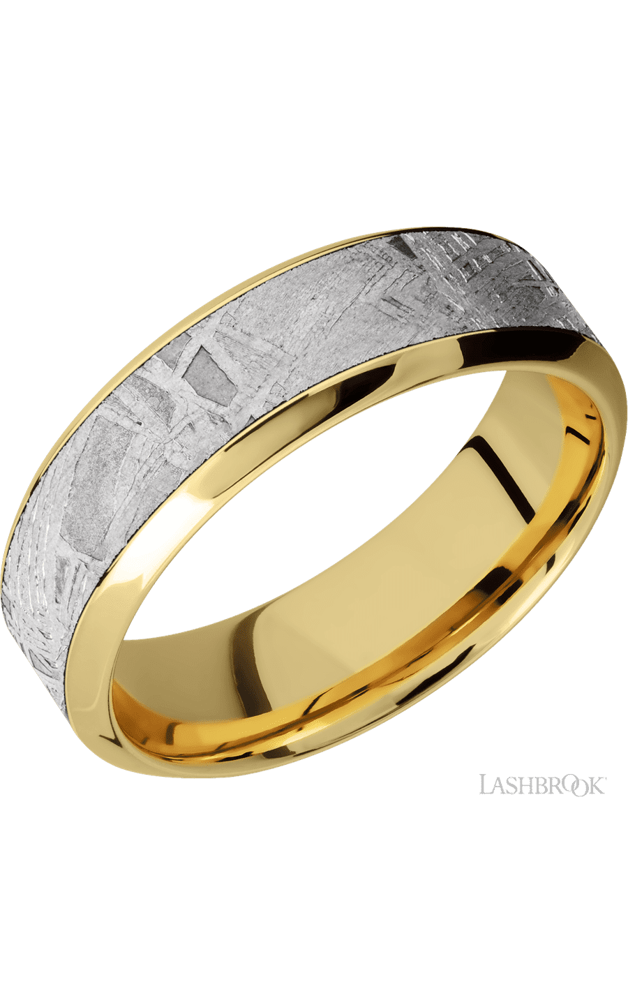 7 mm wide/High Bevel/18K Yellow Gold band with one 4 mm Centered inlay of Meteorite.
