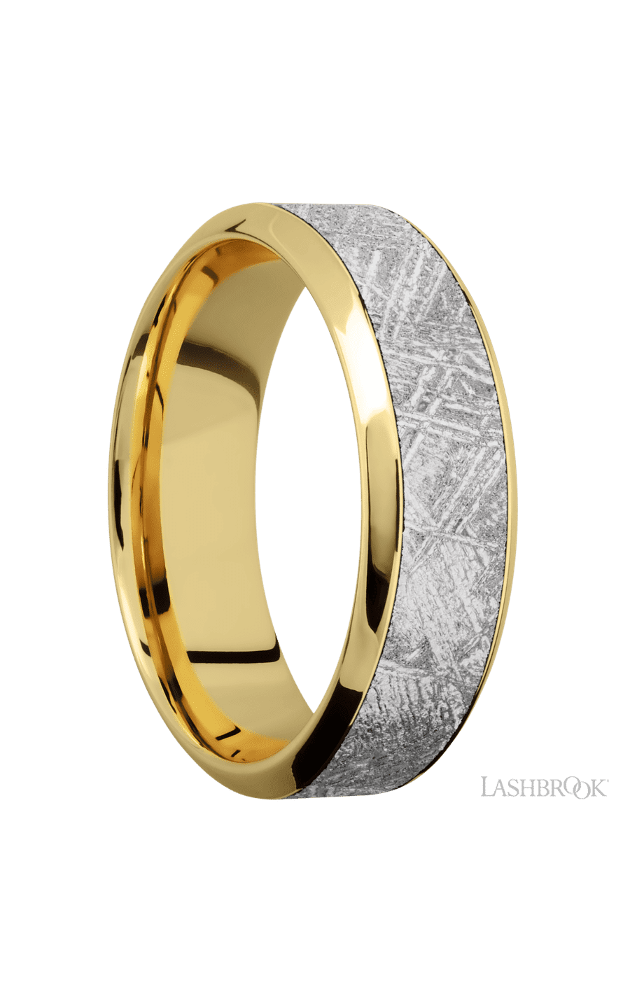 7 mm wide/High Bevel/18K Yellow Gold band with one 4 mm Centered inlay of Meteorite.