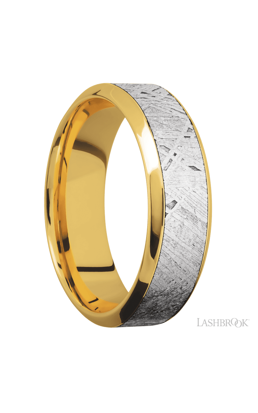 7 mm wide/High Bevel/18K Yellow Gold band with one 4 mm Centered inlay of Meteorite.