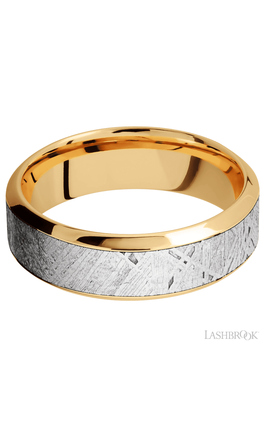 7 mm wide/High Bevel/18K Yellow Gold band with one 4 mm Centered inlay of Meteorite.