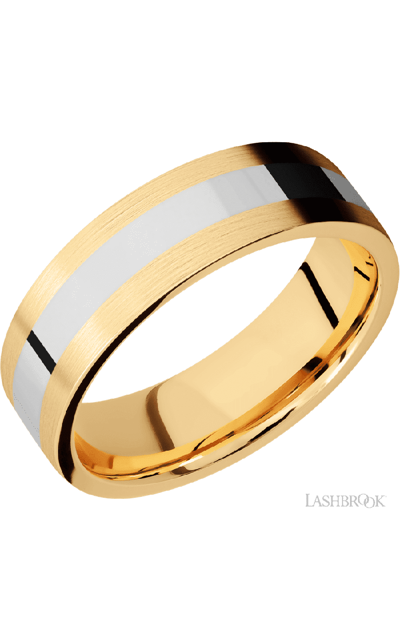 7 mm wide/Flat/14K Yellow Gold band with one 3 mm Centered inlay of 14K White Gold.
