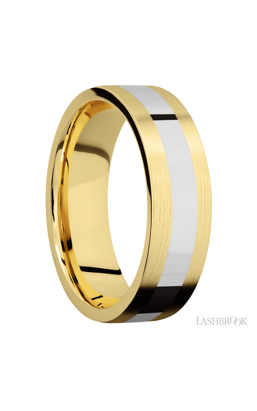 7 mm wide/Flat/14K Yellow Gold band with one 3 mm Centered inlay of 14K White Gold.