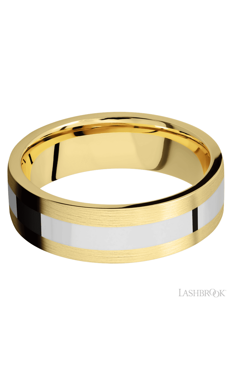 7 mm wide/Flat/14K Yellow Gold band with one 3 mm Centered inlay of 14K White Gold.