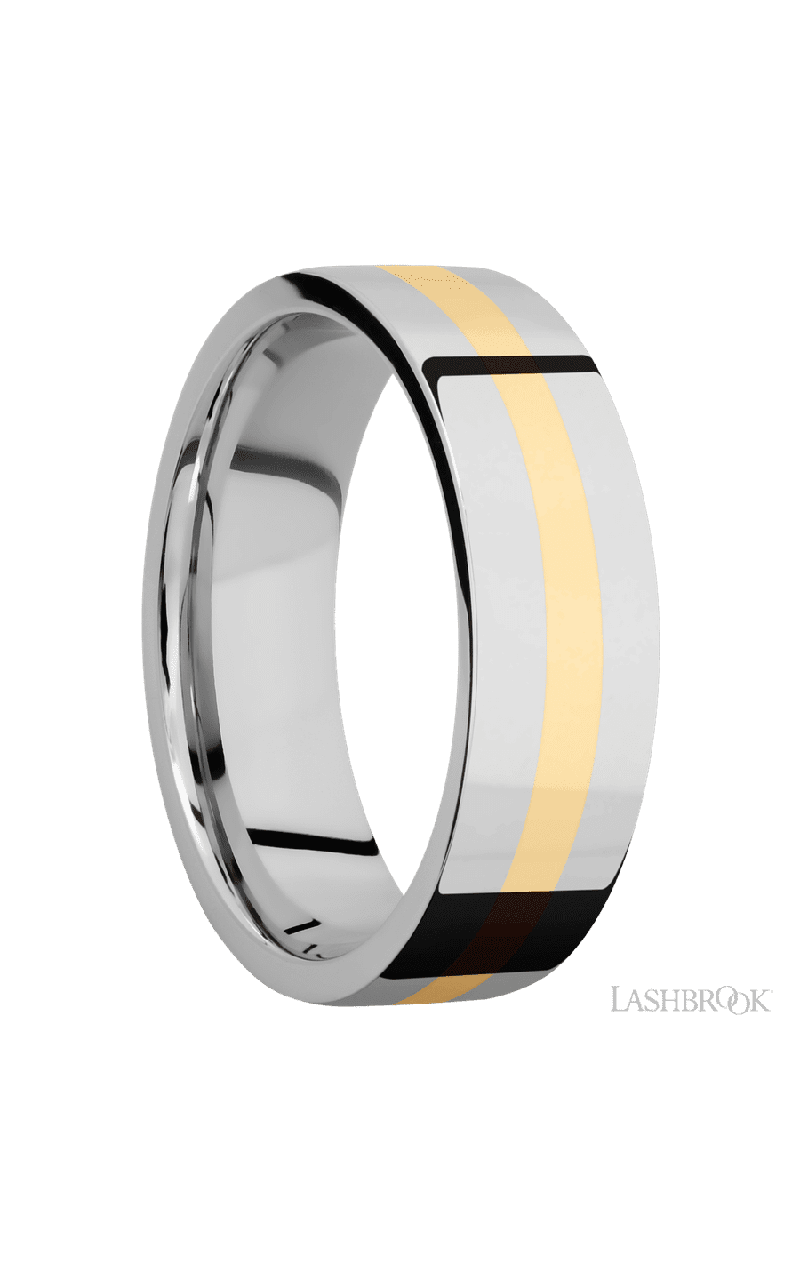 7 mm wide/Flat/14K White Gold band with one 2 mm Centered inlay of 14K Yellow Gold.