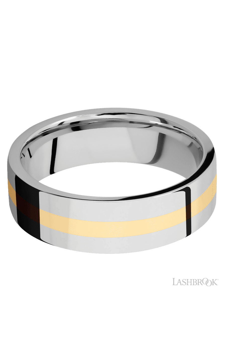 7 mm wide/Flat/14K White Gold band with one 2 mm Centered inlay of 14K Yellow Gold.