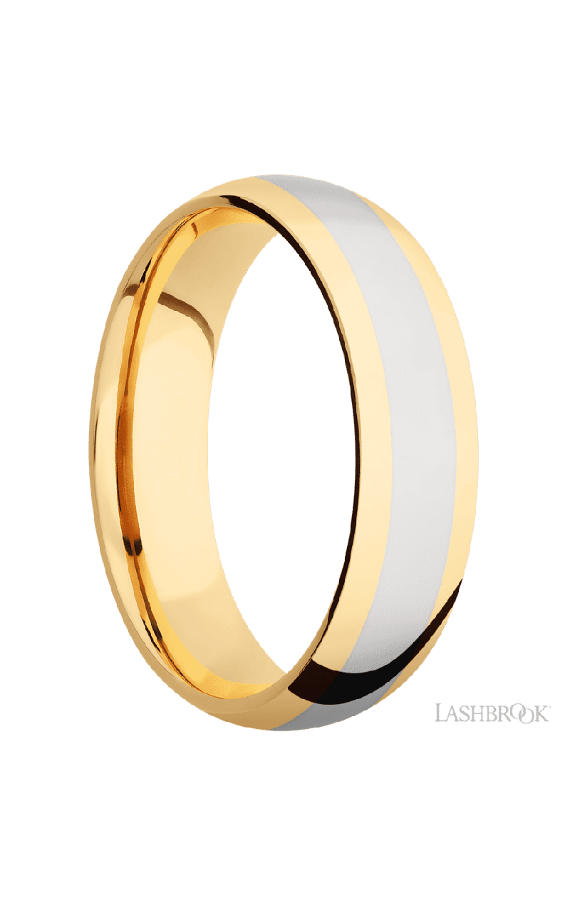 6 mm wide/Domed/14K Yellow Gold band with one 3 mm Centered inlay of 14K White Gold.