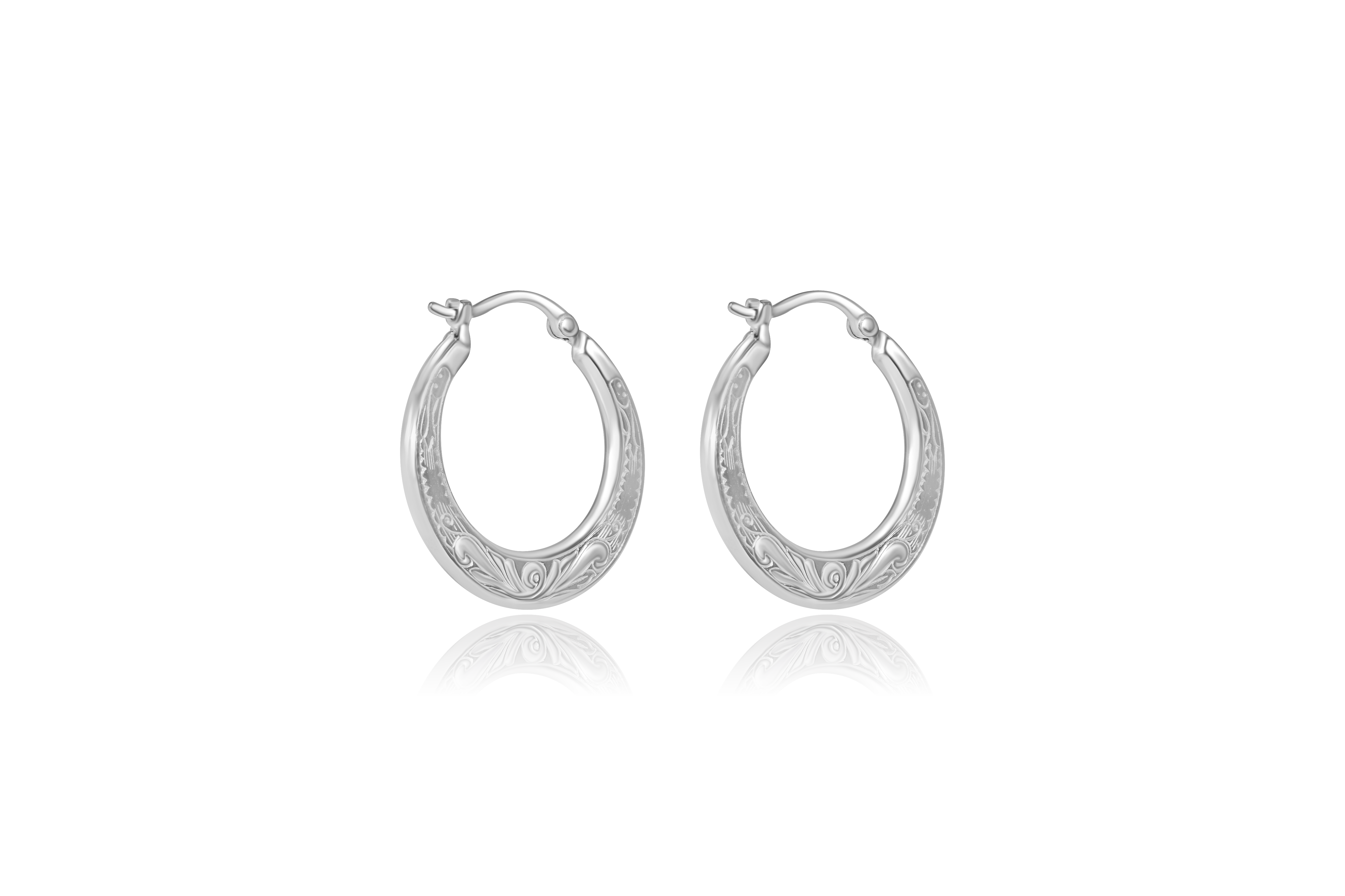 Sterling Silver Embossed Flat Shell hoop Earrings