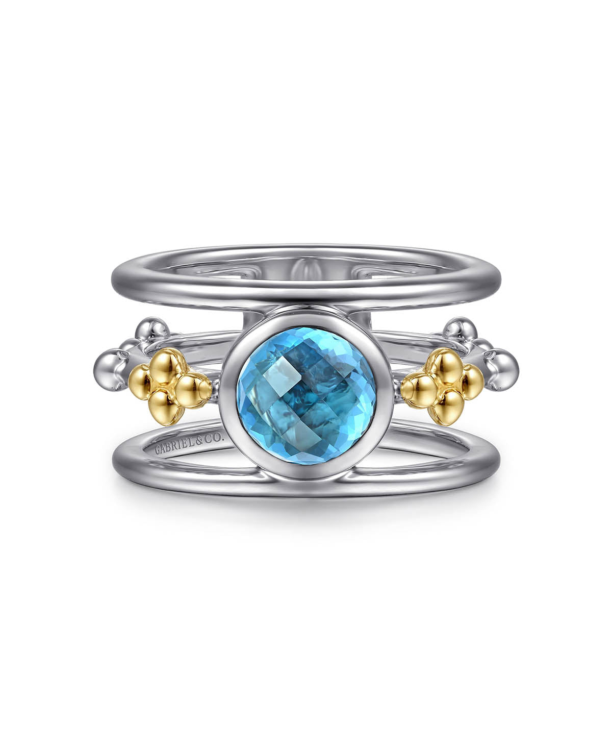 14K Yellow Gold and 925 Sterling Silver Bujukan Blue Topaz Wide Band Ring