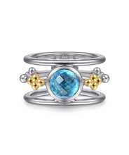 14K Yellow Gold and 925 Sterling Silver Bujukan Blue Topaz Wide Band Ring