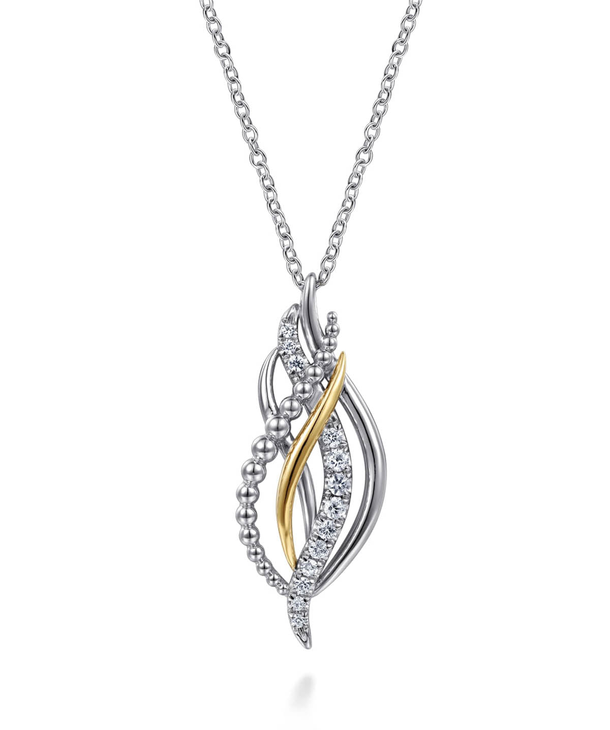 14K Yellow Gold and 925 Sterling Silver Bujukan Multi Rows White Sapphire Pendant Necklace
