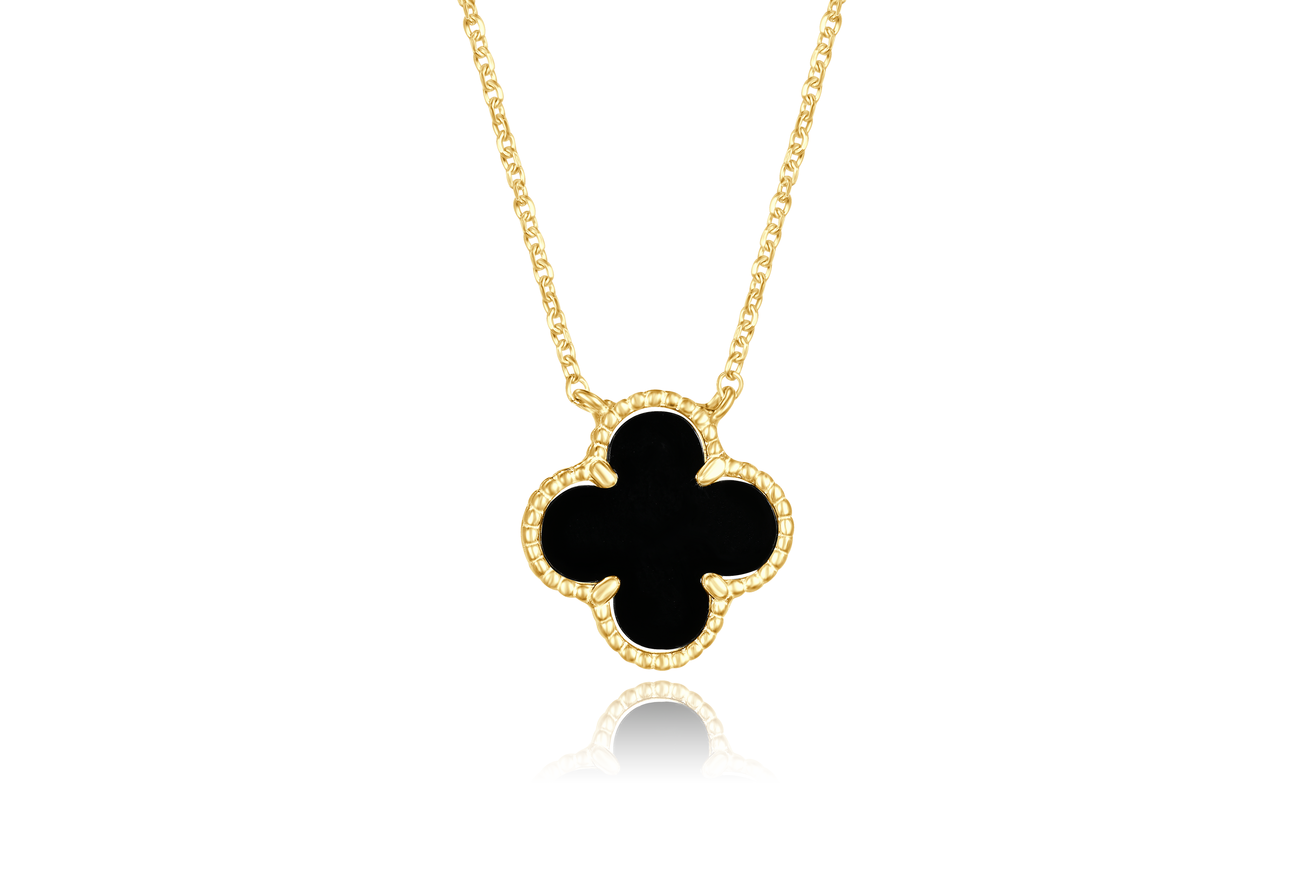 14K Yellow Gold Italian Black Onyx Clover Necklace
