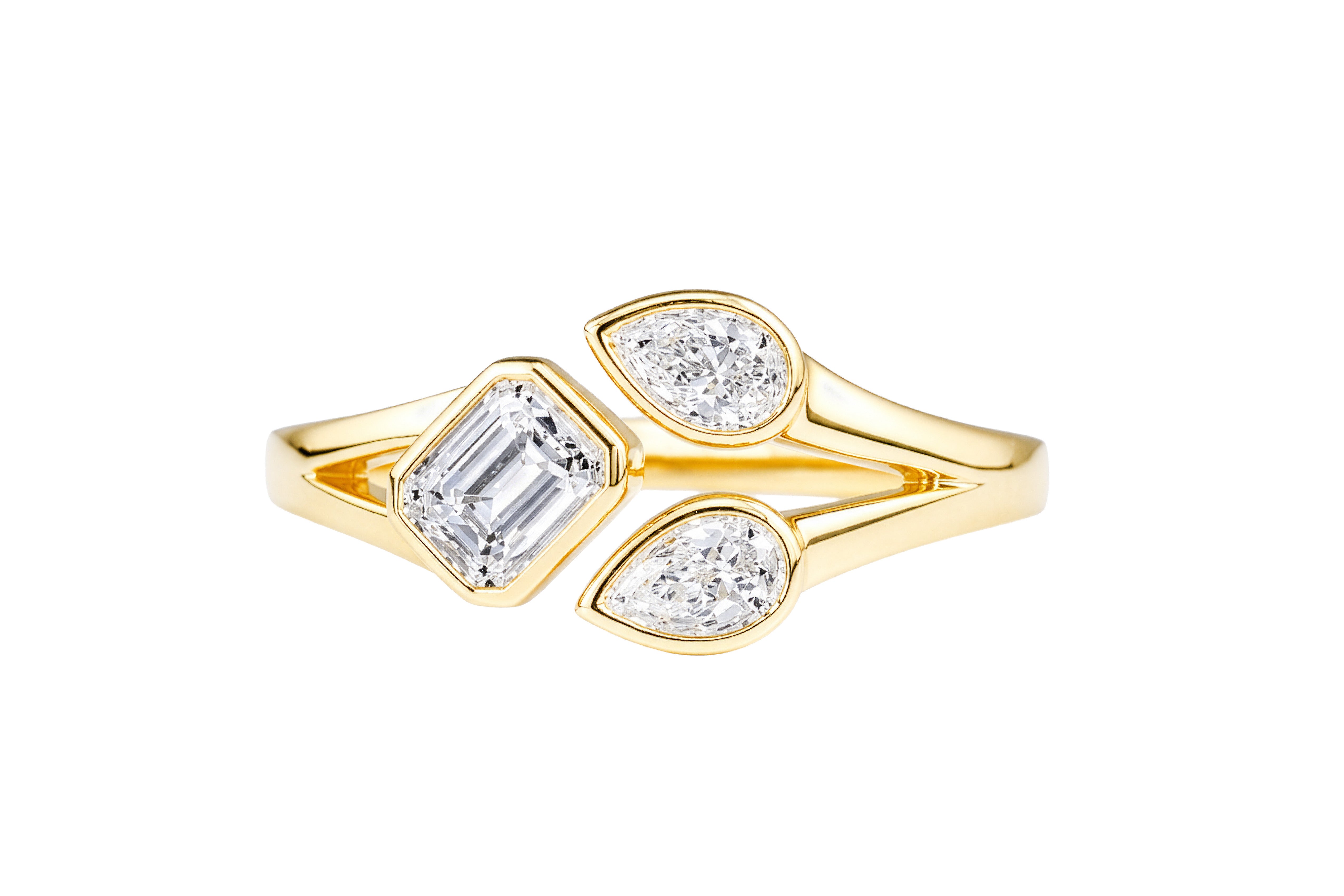 14K Yellow Gold Bezel Set Pear and emerald Cut Diamond Negative Space Ring