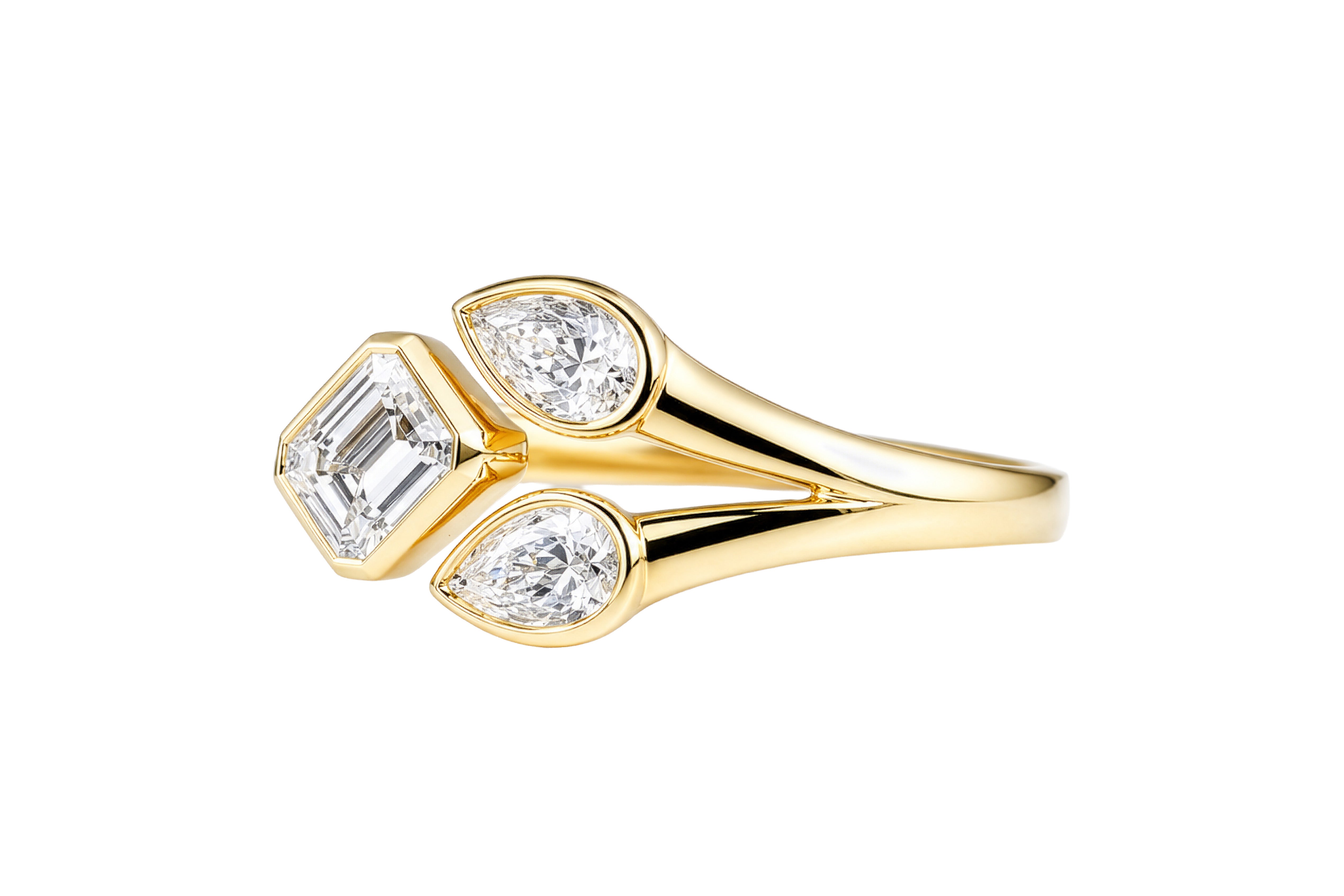 14K Yellow Gold Bezel Set Pear and emerald Cut Diamond Negative Space Ring
