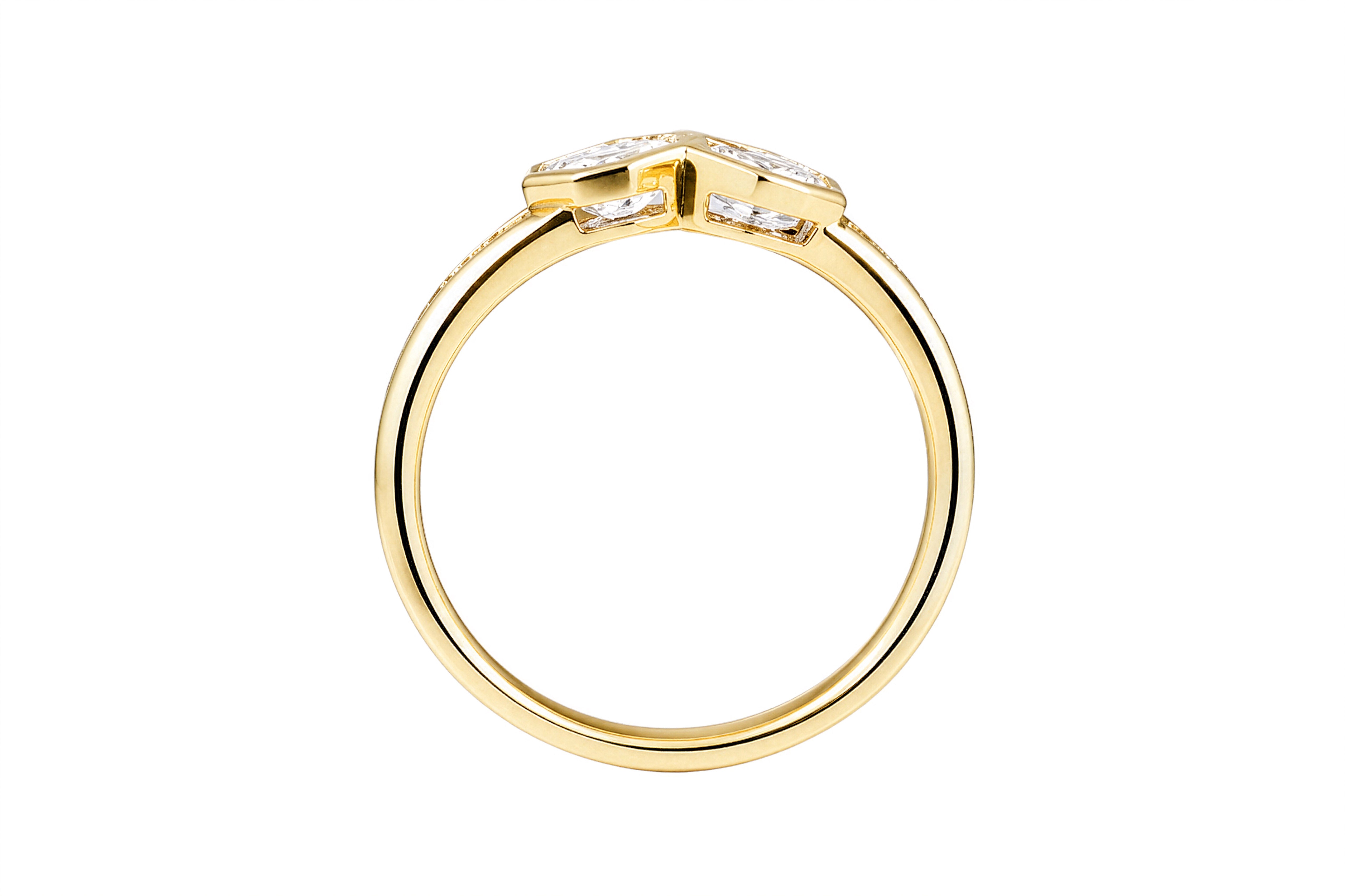 14K Yellow Gold Bezel Set Pear and emerald Cut Diamond Negative Space Ring