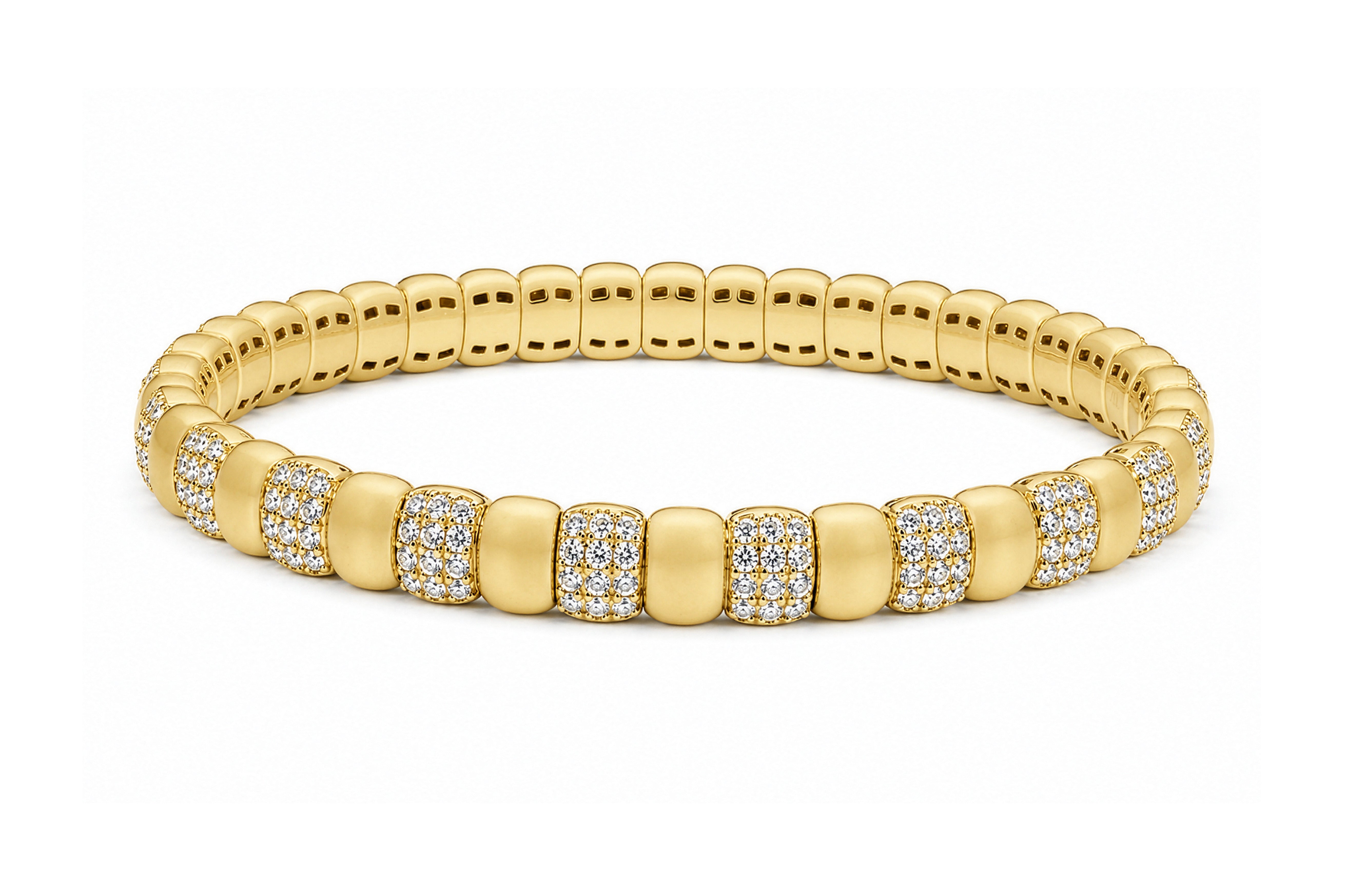 14K Yellow Gold Natural Diamond accented Bead Stretchable Bangle Braclet