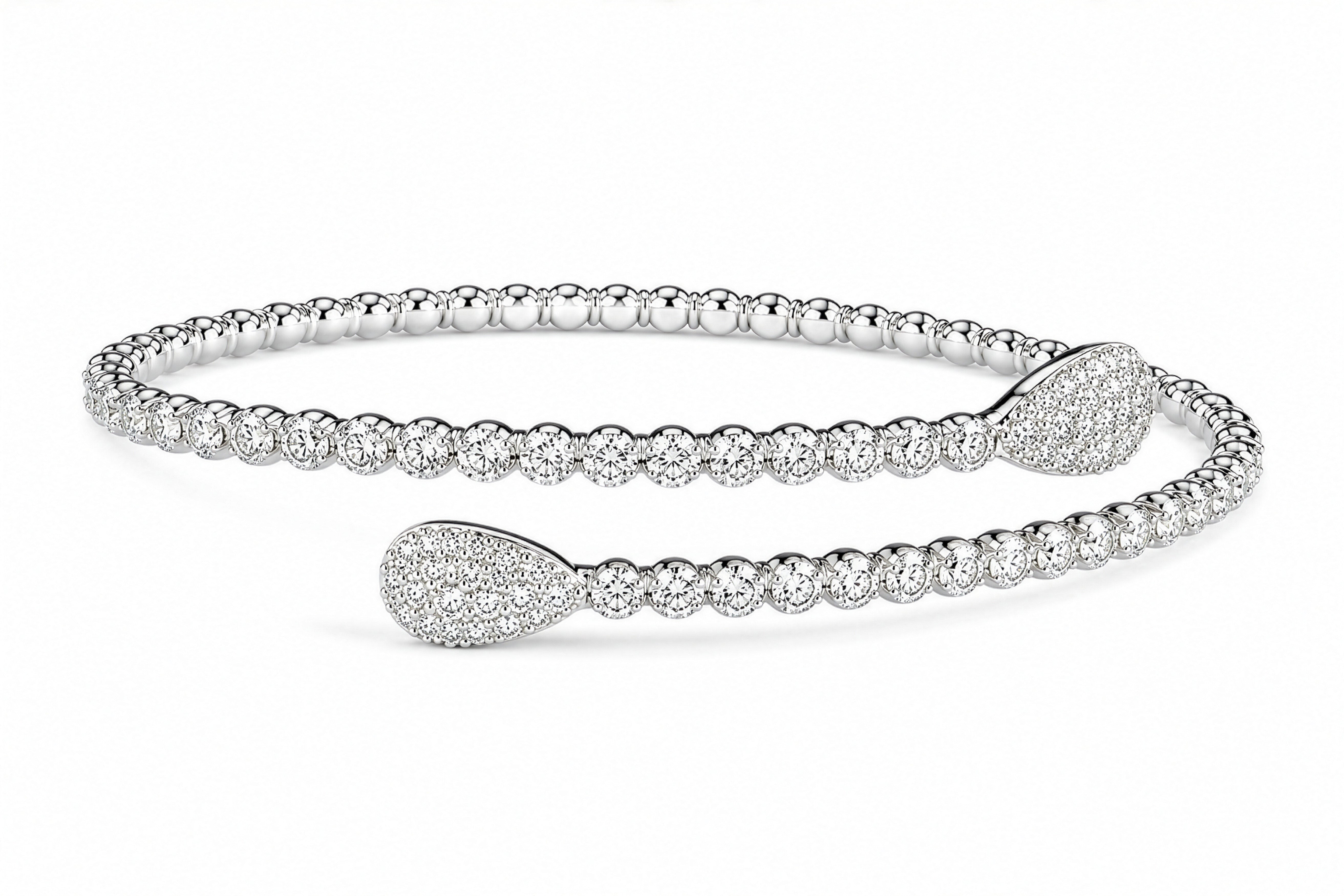 14K White Gold Tear Drop Cuff Natural Diamond Accented beaded Cuff Flexible  Bangle Bracelet