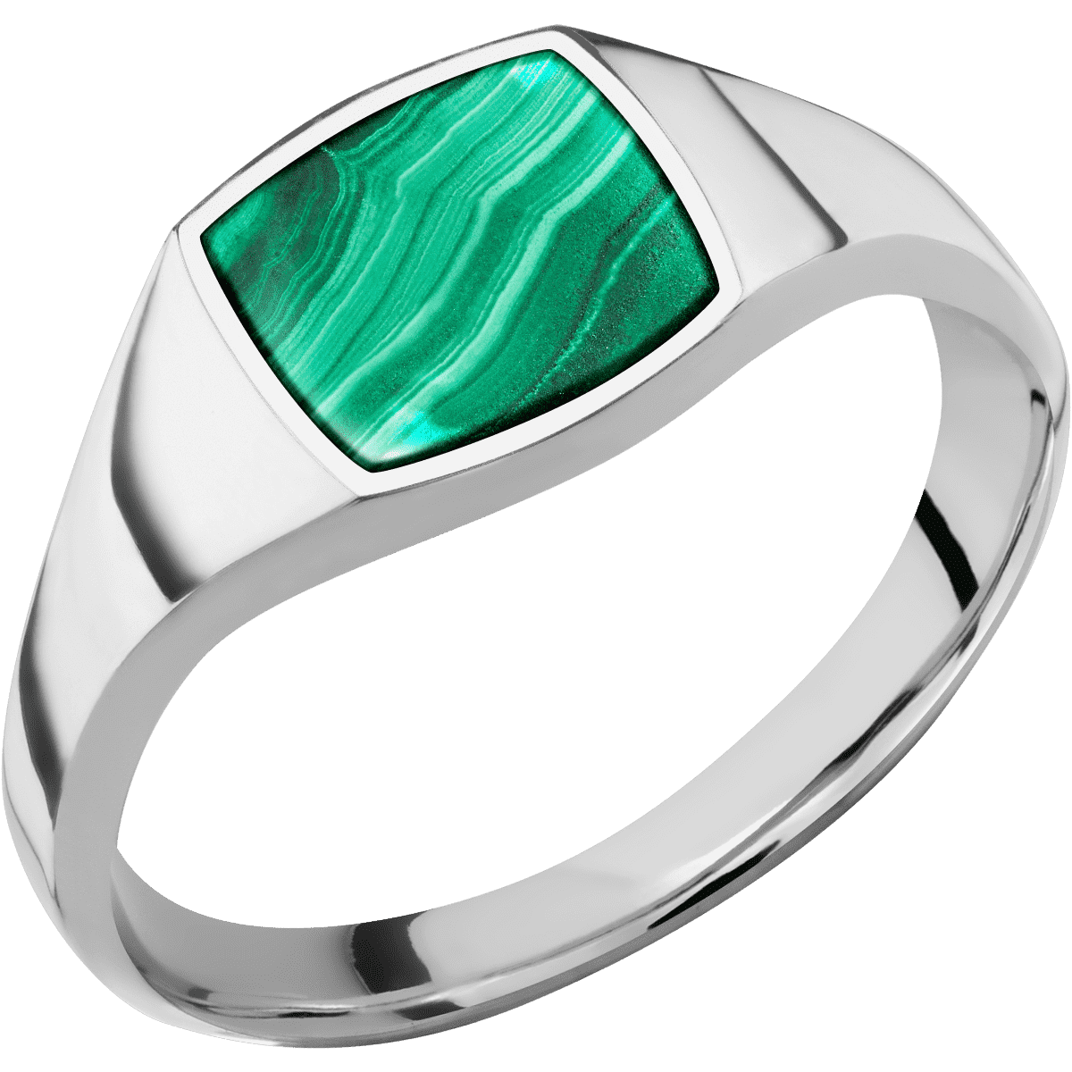 Small Cushion signet ring (10x10mm) in Palladium Silver, with a Thin style band, a Malachite inlay.