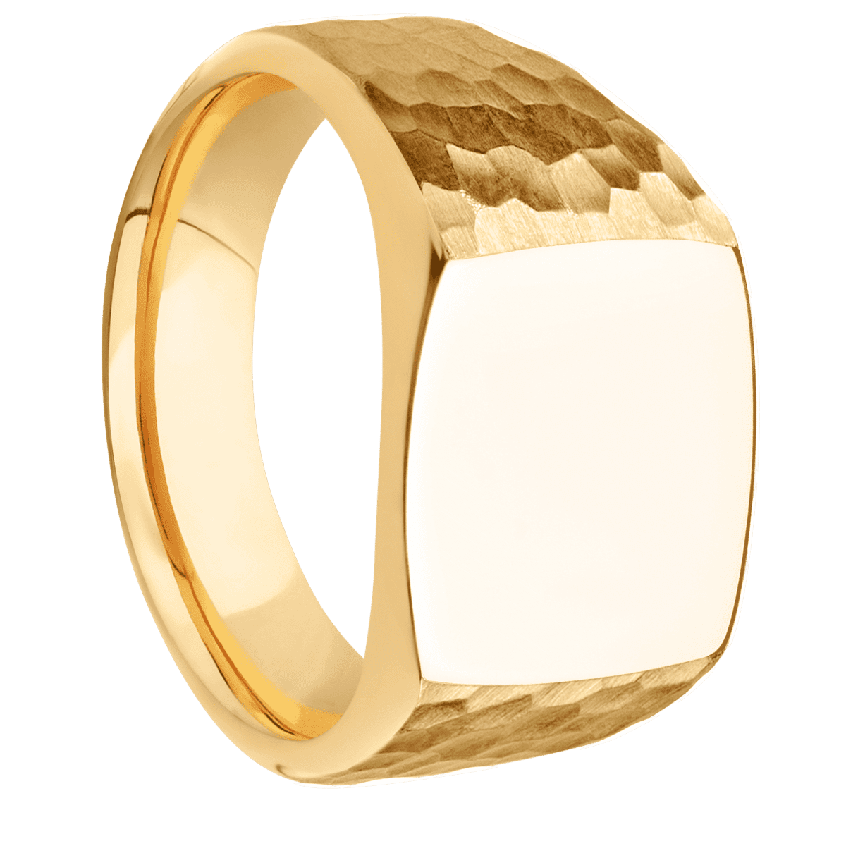 Medium Cushion signet ring (14x14mm) in 14K Yellow Gold, with a Wide style band.