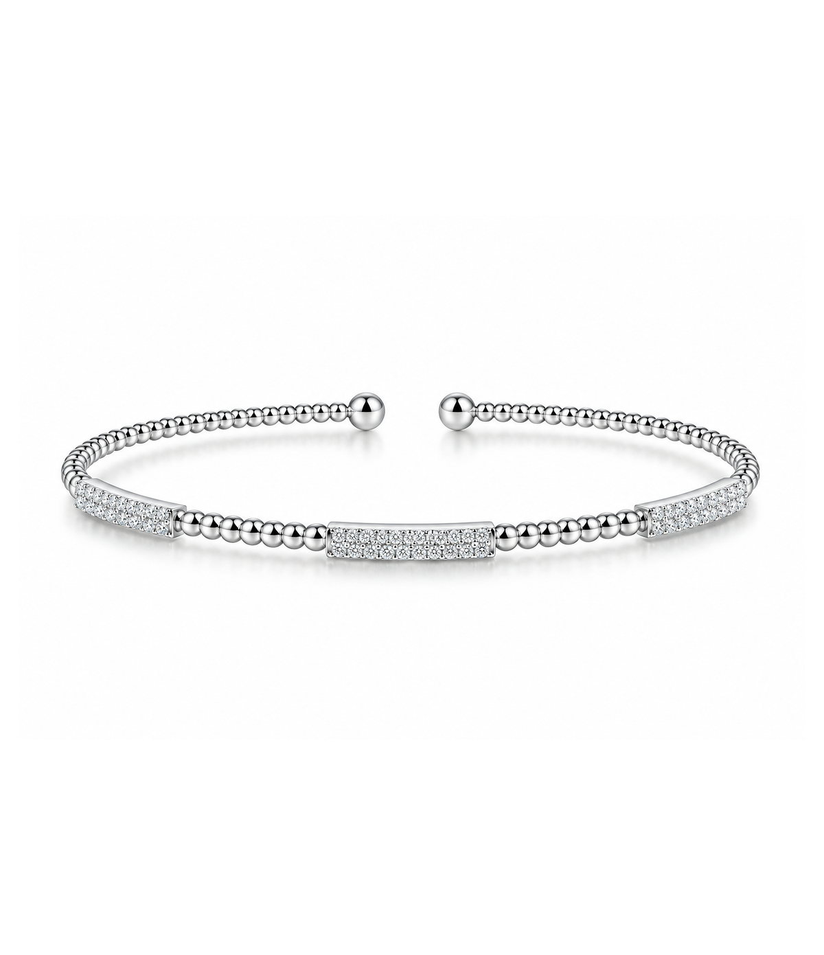 14K White Gold Bujukan Bead Cuff Bracelet with Diamond Pave Stations