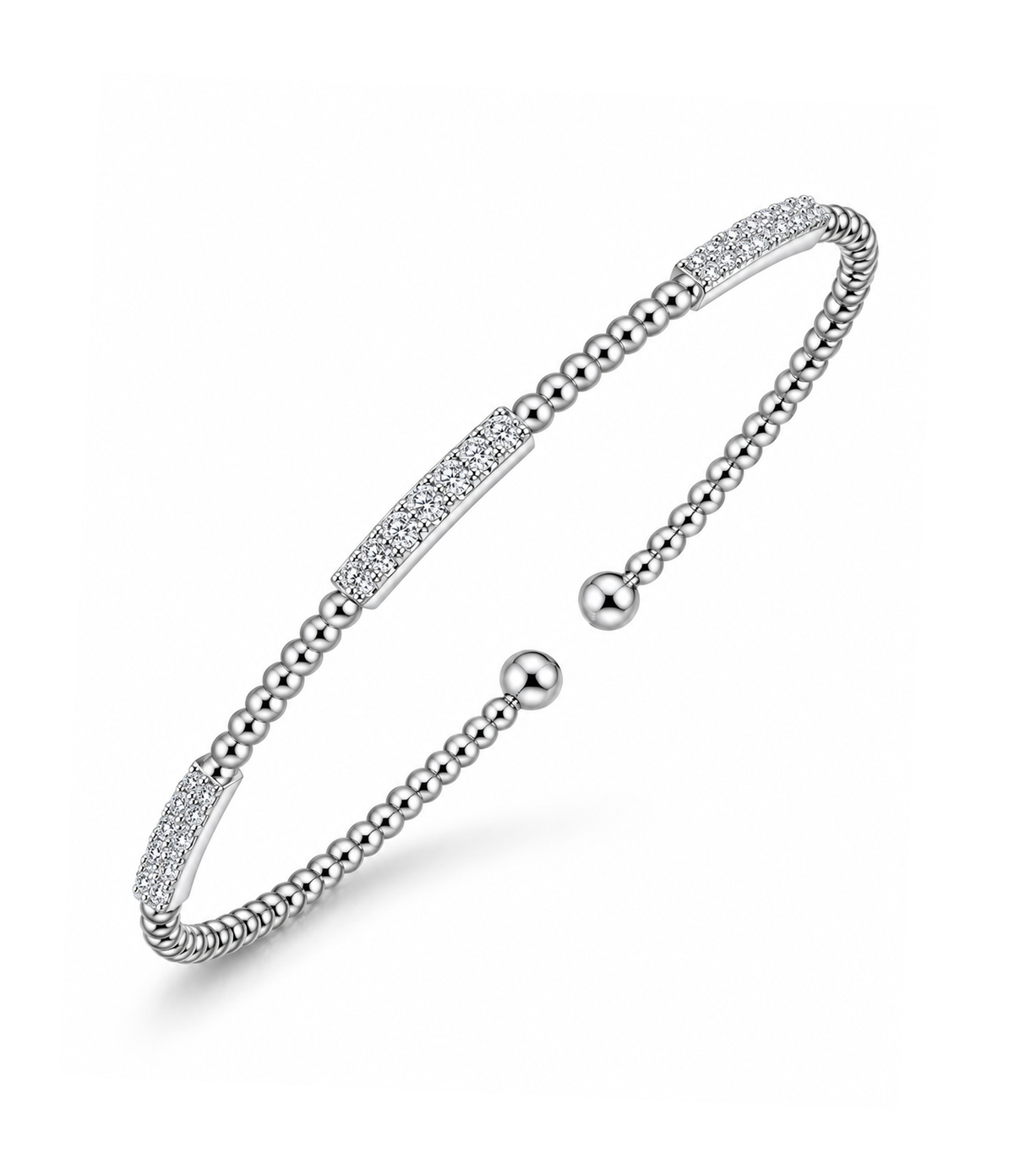 14K White Gold Bujukan Bead Cuff Bracelet with Diamond Pave Stations