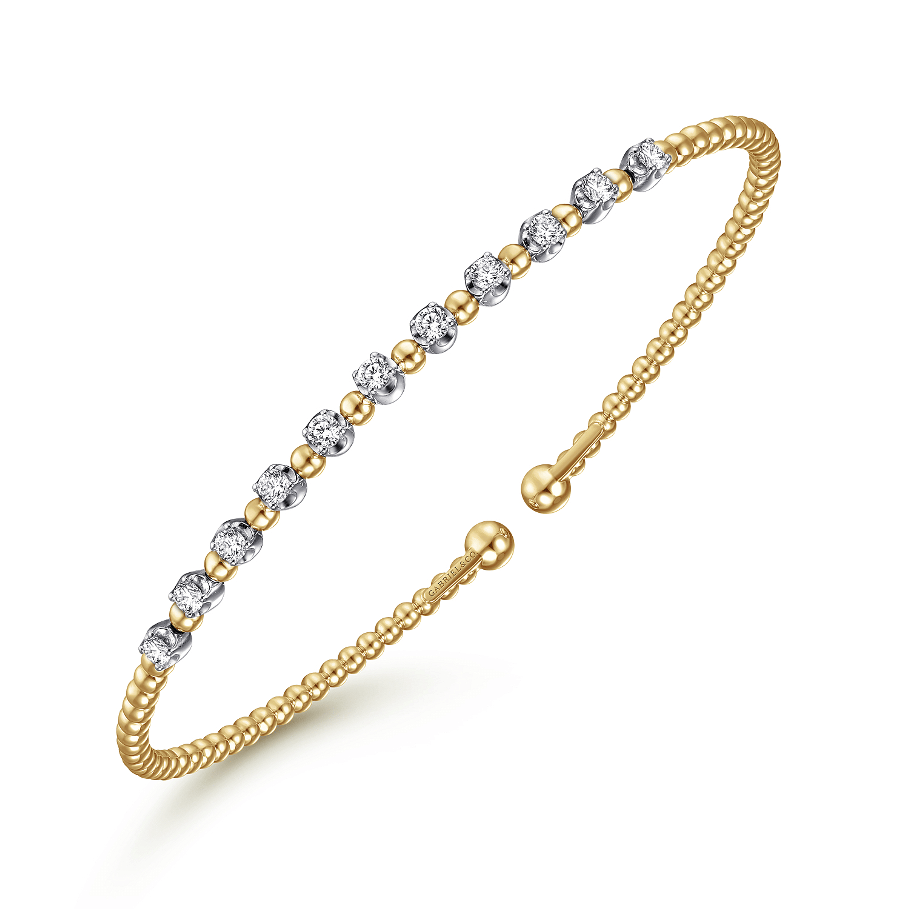 14K Yellow Gold Bujukan Bead Split Cuff Bracelet with Round White Gold Diamond Stations
