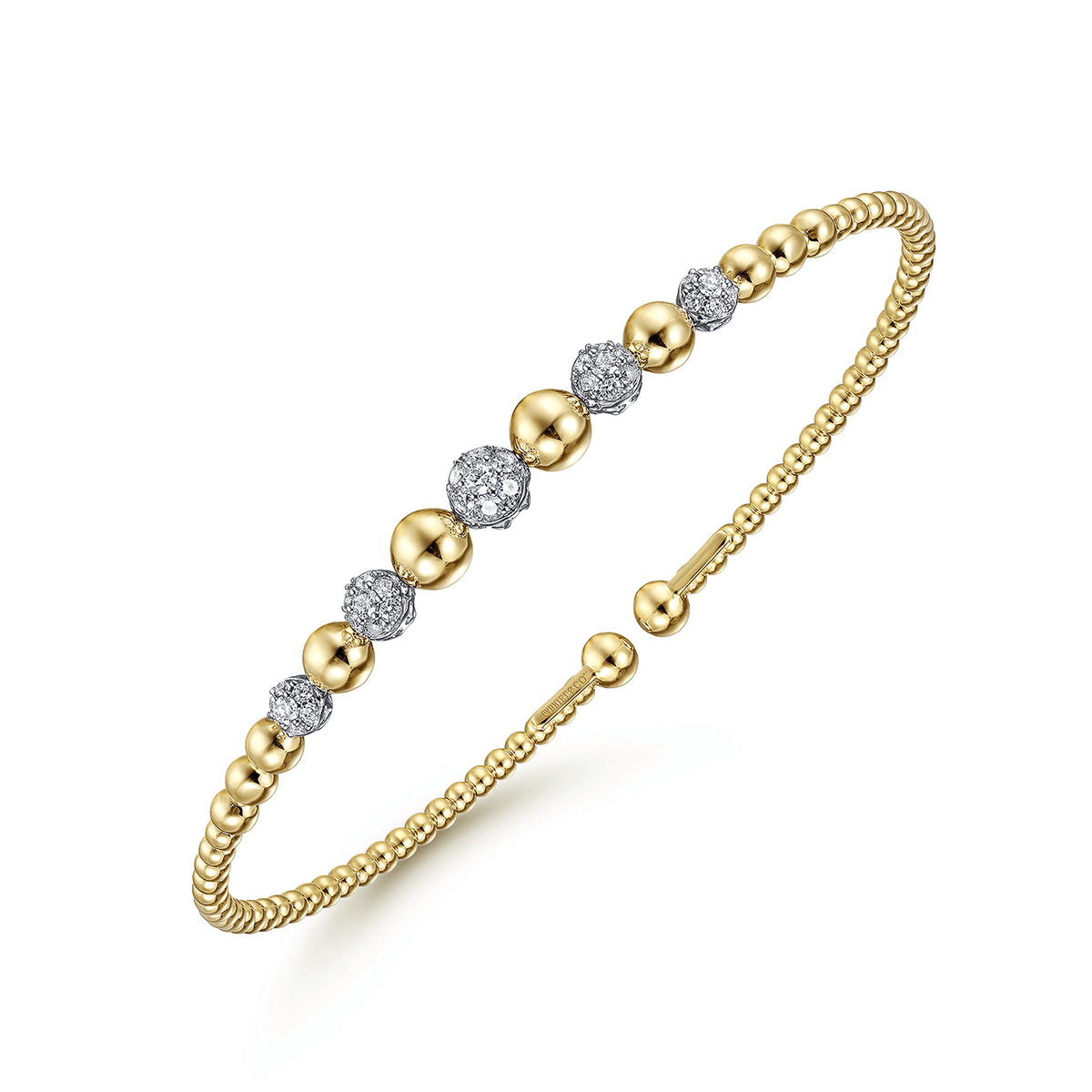14K Yellow-White Gold Bujukan Bead Cuff Bracelet with Pave Diamond Stations