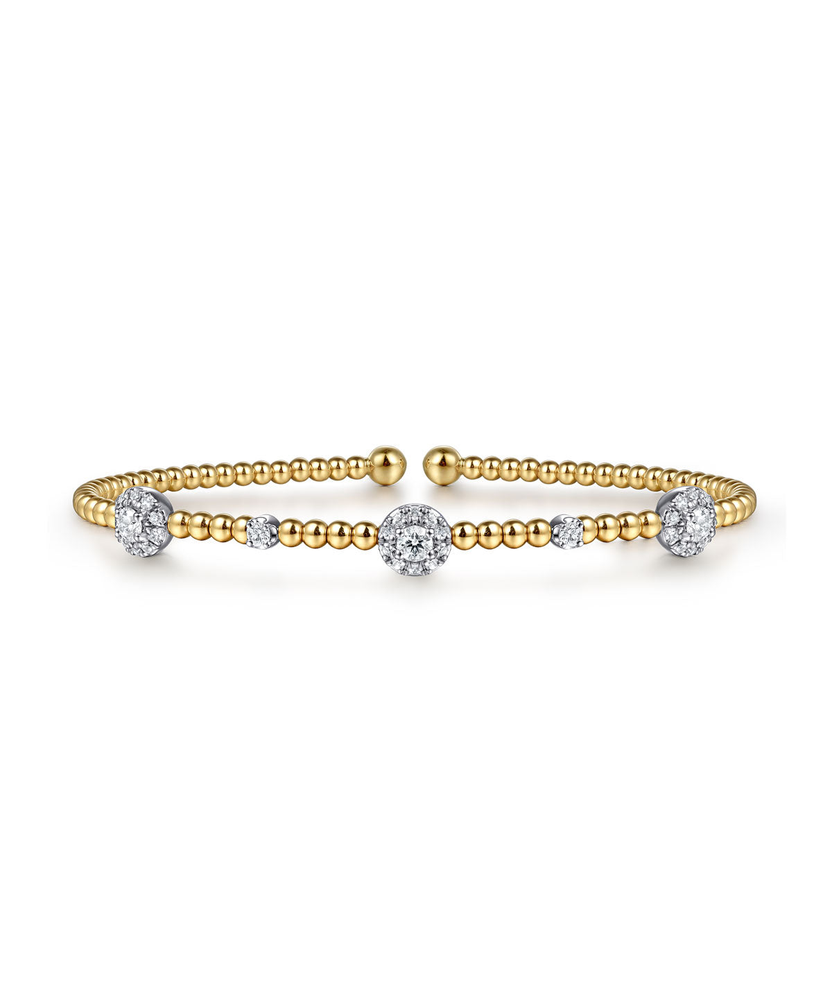 14K White-Yellow Gold Bujukan Bead Cuff Bracelet with Diamond Cluster Stations