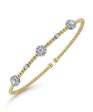 14K White-Yellow Gold Bujukan Bead Cuff Bracelet with Diamond Cluster Stations