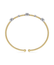 14K White-Yellow Gold Bujukan Bead Cuff Bracelet with Diamond Cluster Stations