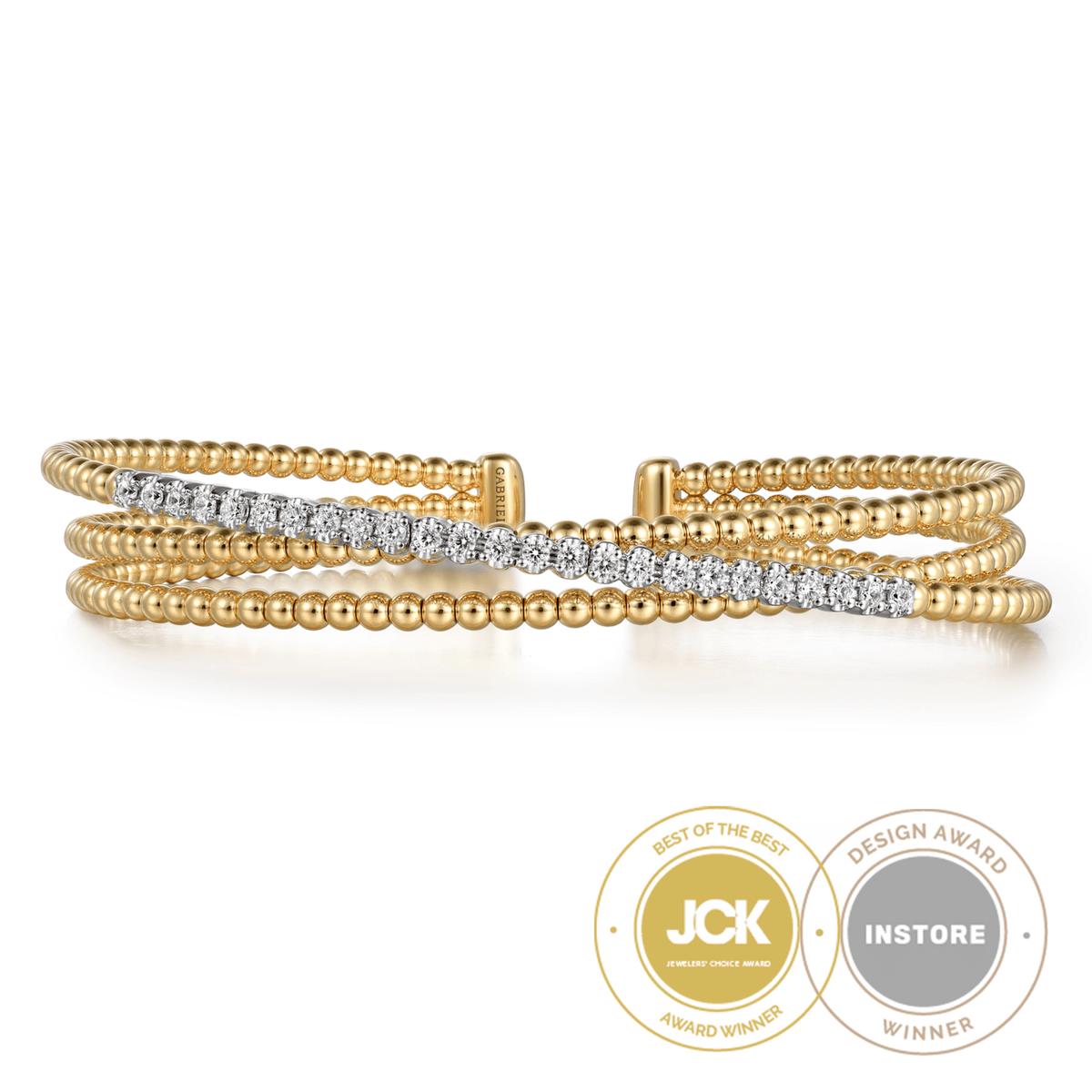 14K White and Yellow Gold Bujukan Diamond Criss Cross Bangle Cuff