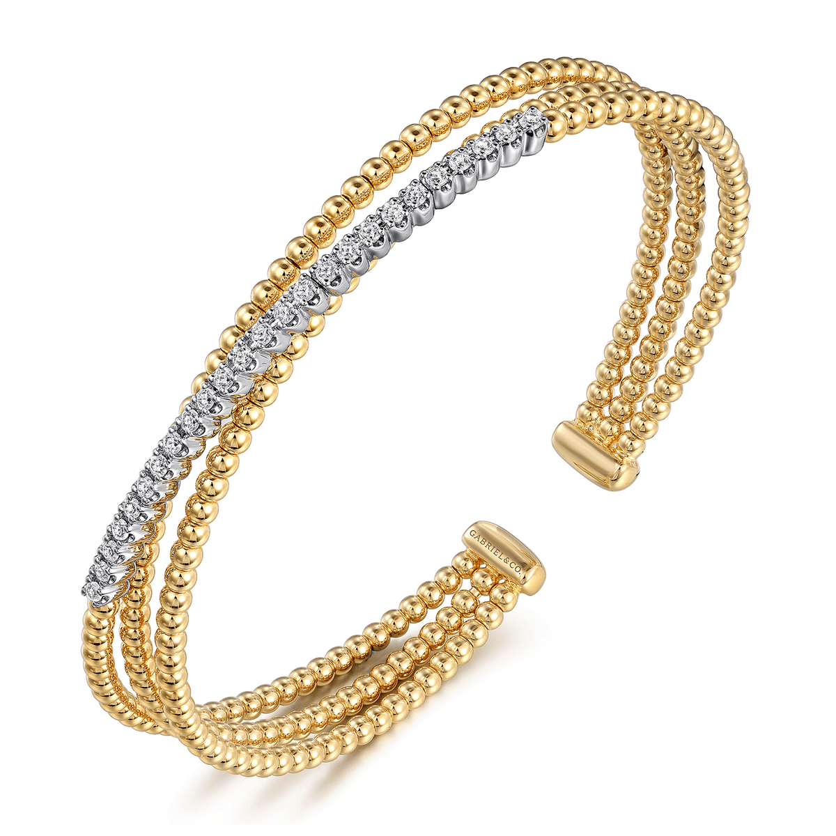 14K White and Yellow Gold Bujukan Diamond Criss Cross Bangle Cuff