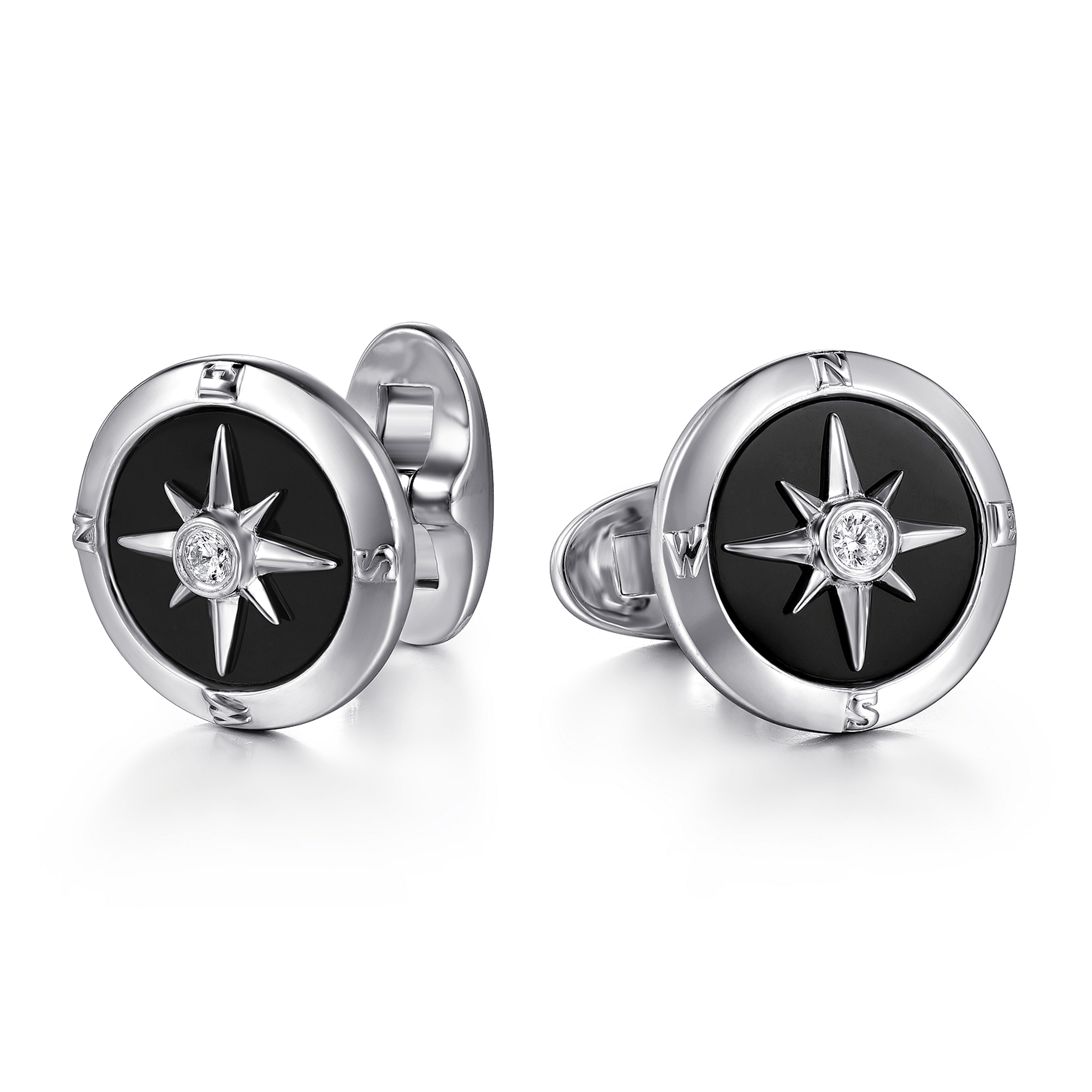 925 Sterling Silver Round Compass Cufflinks Diamond and Onyx