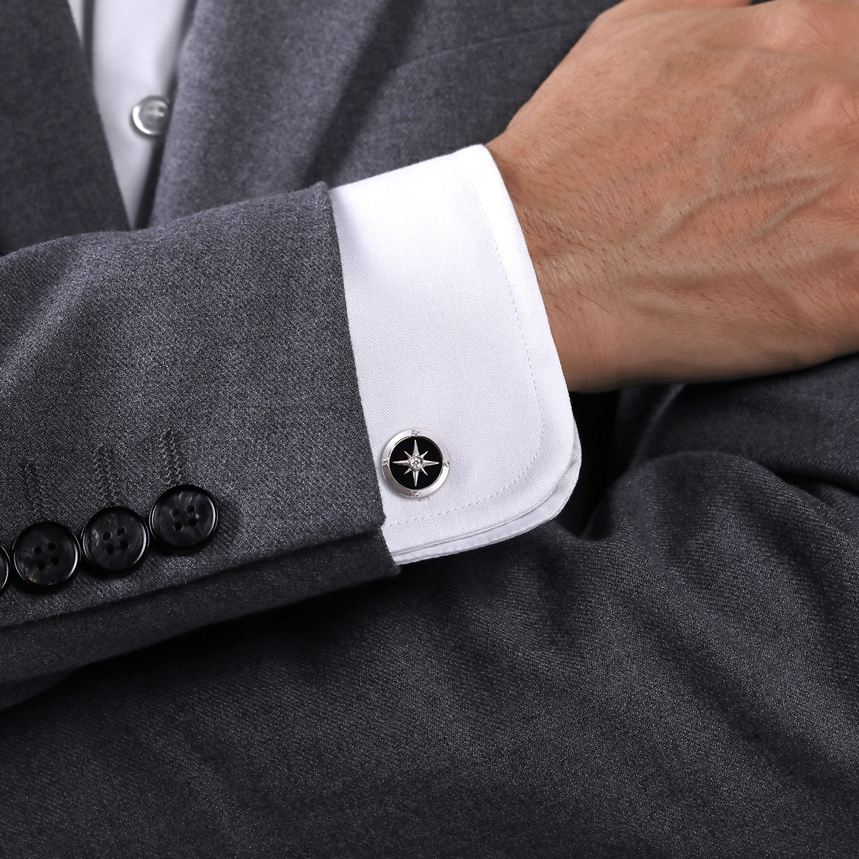 925 Sterling Silver Round Compass Cufflinks Diamond and Onyx