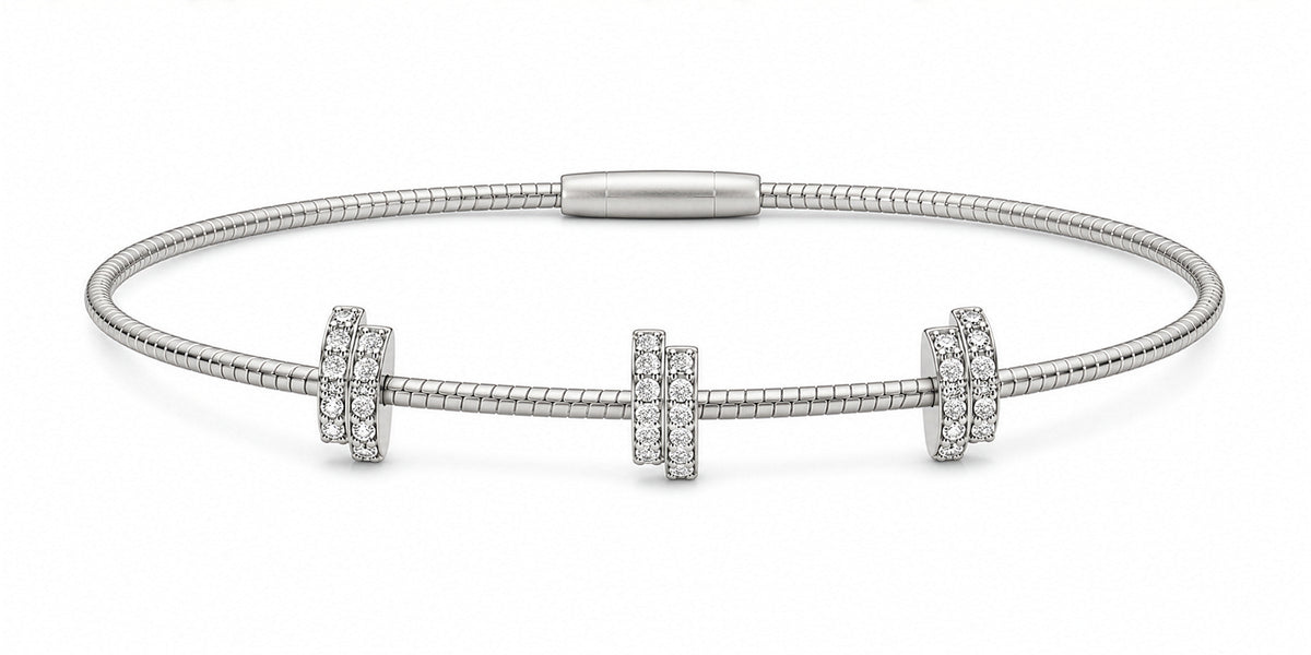 925 Sterling Silver Flexible Bangle Bracelet with Diamond Clusters