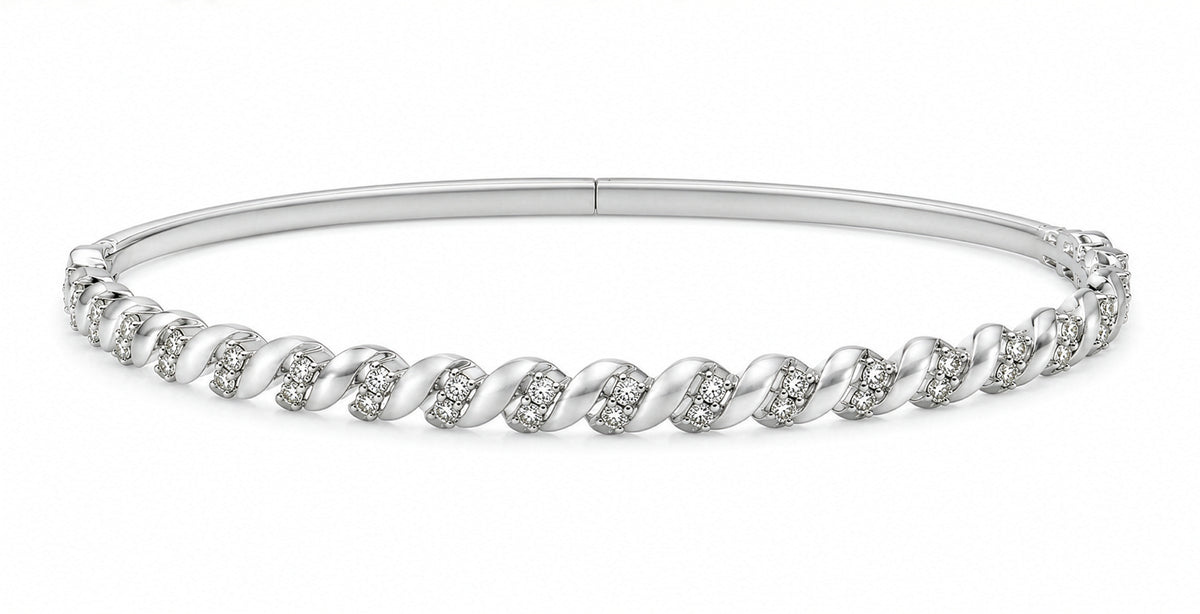 925 Sterling Silver Flexible Bangle Bracelet with Alternating Sections of Diamonds and Polished Metal Links