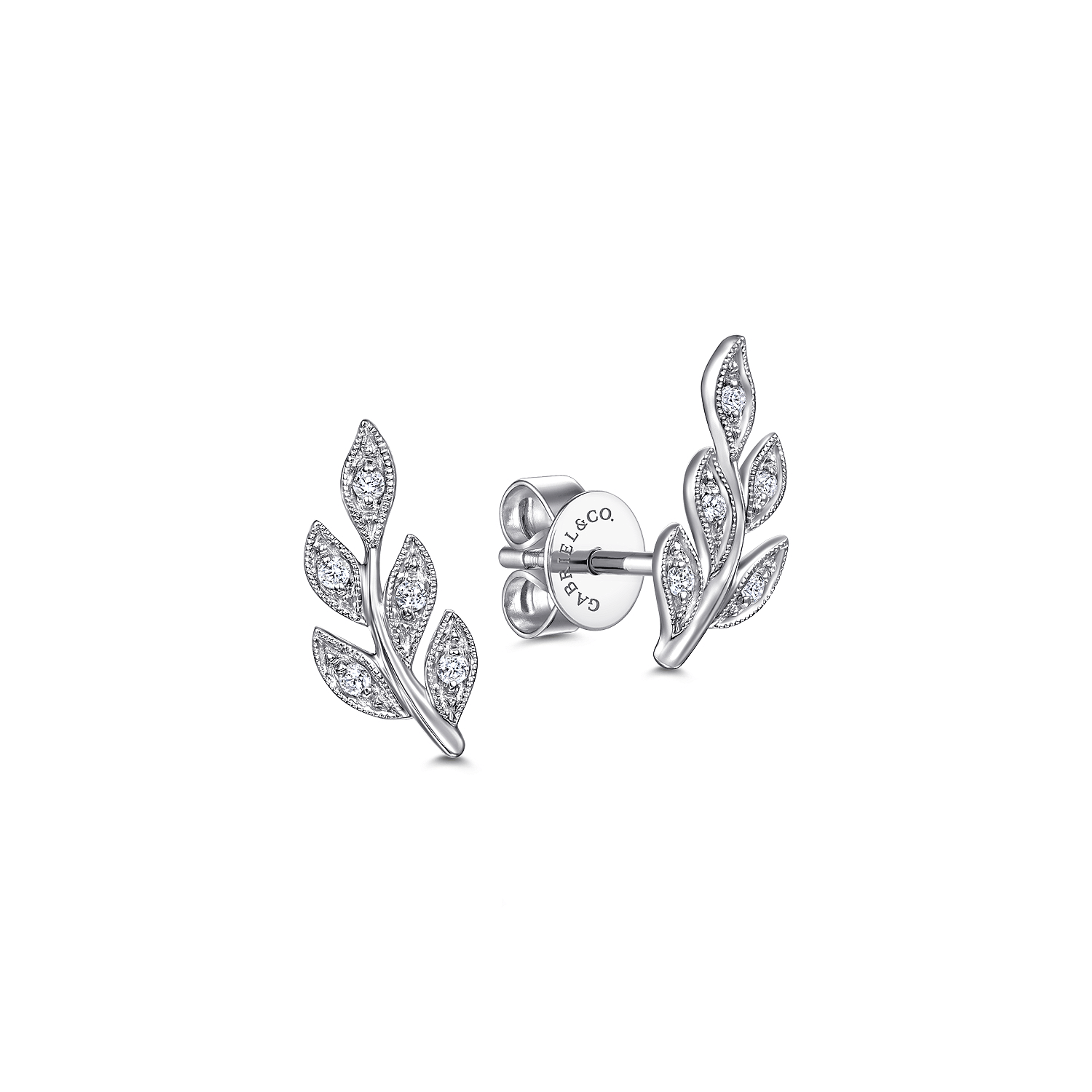 14K White Gold Diamond Leaf Stud Earrings