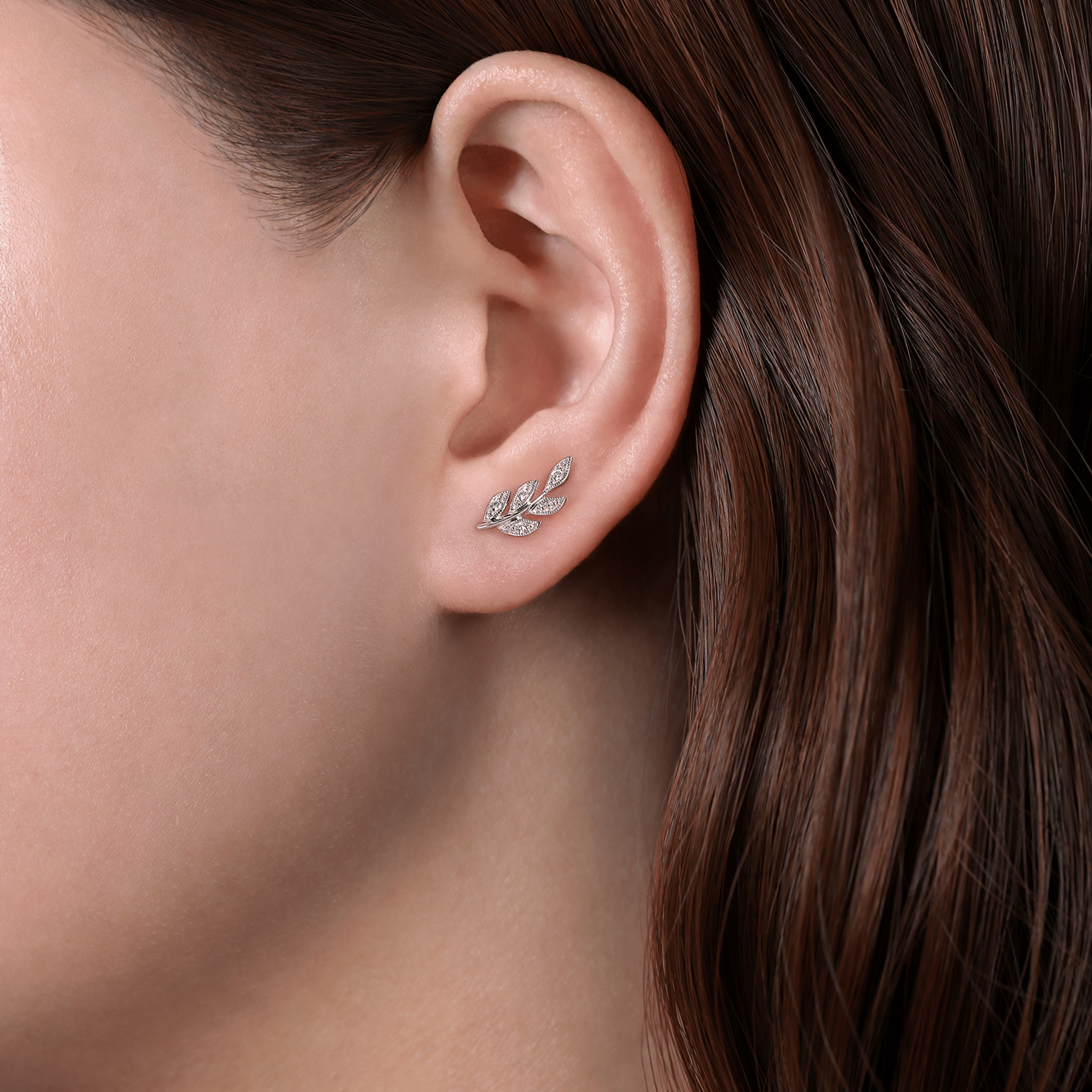 14K White Gold Diamond Leaf Stud Earrings