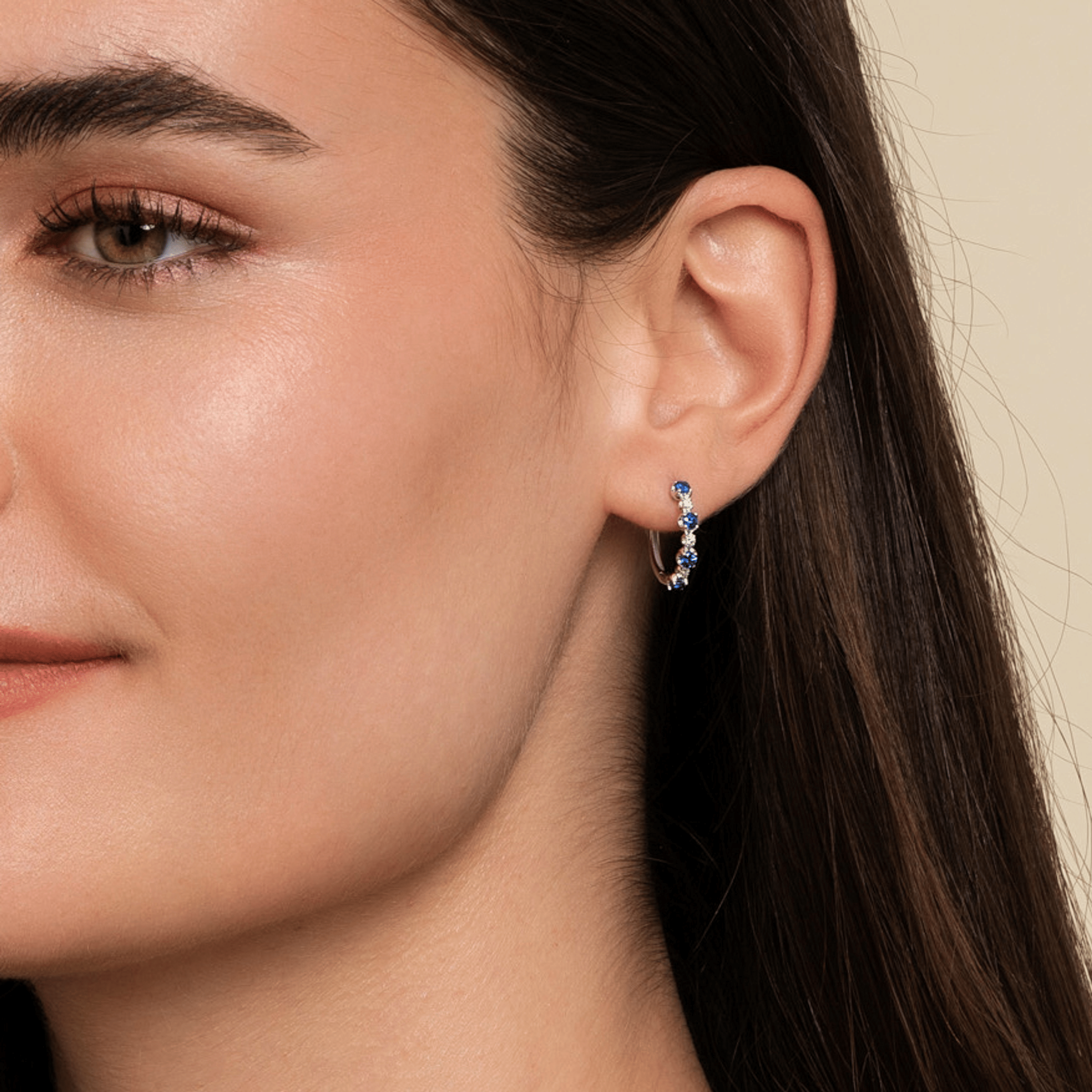 14K White Gold Diamond and Sapphire Huggie Earrings