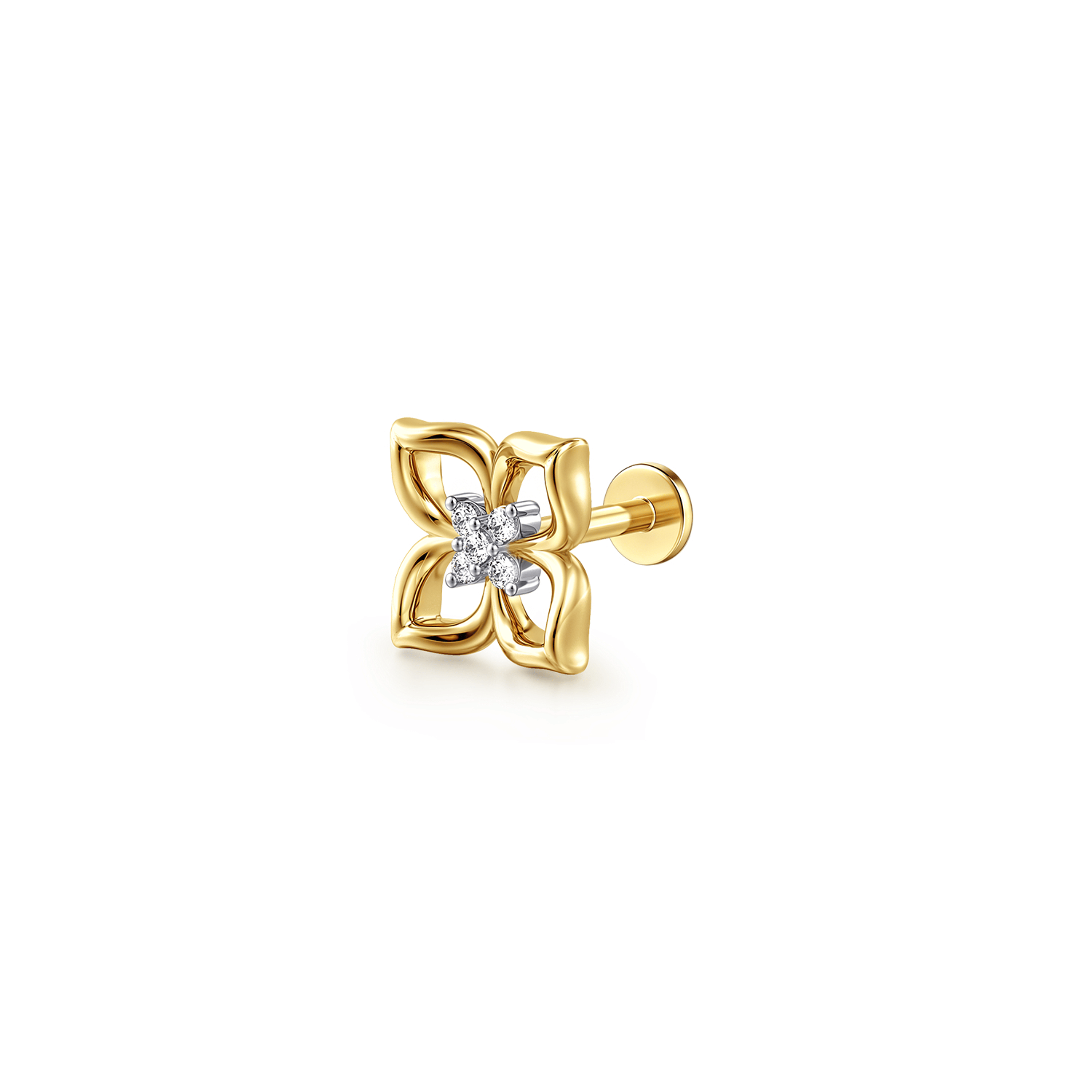 14K Yellow Gold Diamond Clover Single Flatback Stud Earring